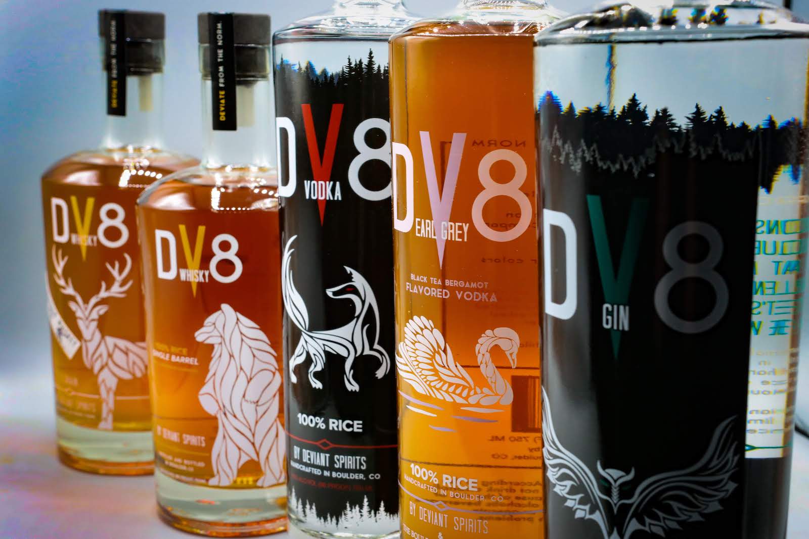 Image of DV8 Distillery liquor bottles in Boulder, Colorado