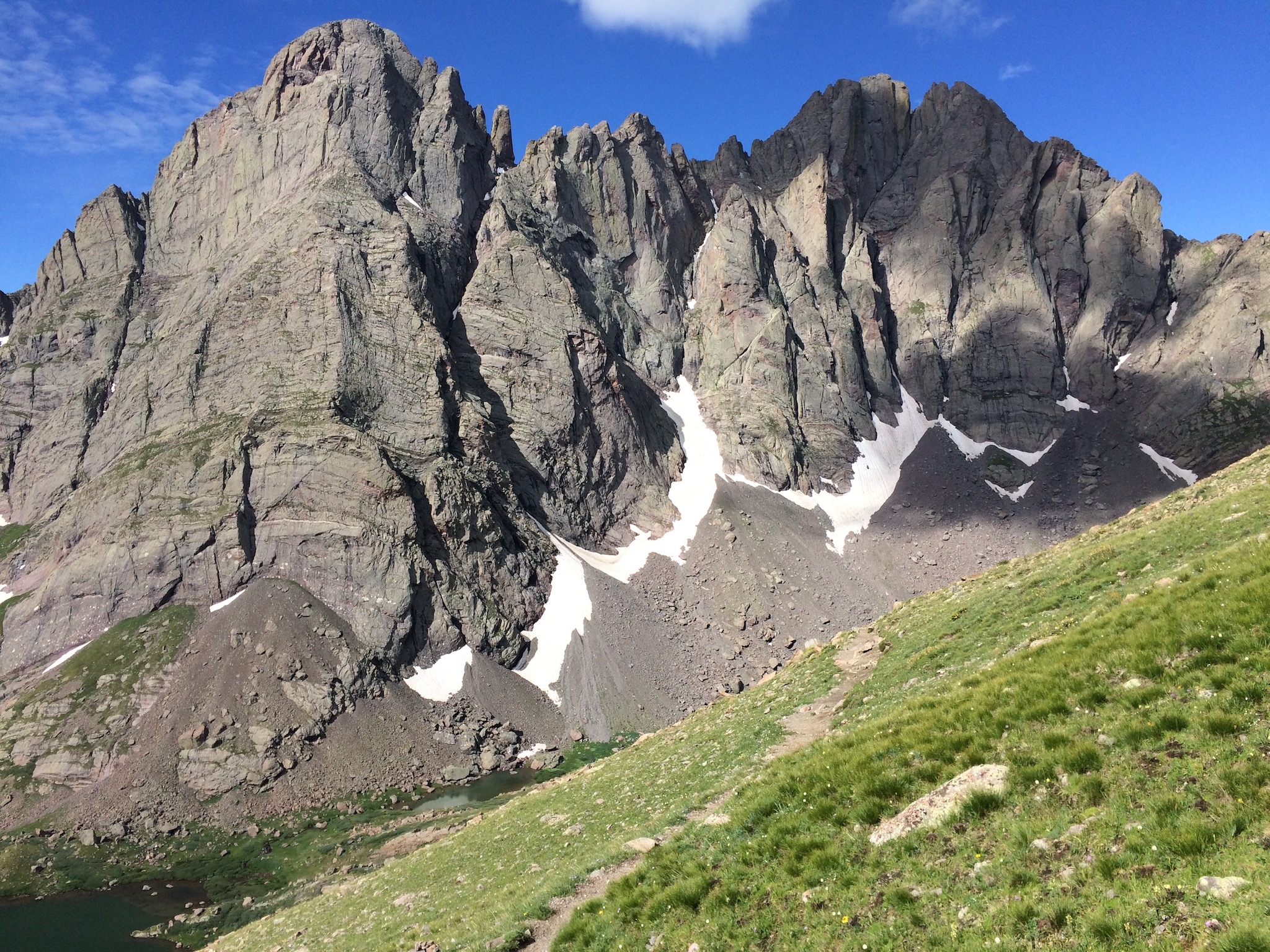 Pinnacles of near vertical rock make up the Crestone mountain group in the San Isabel National Forest of Colorado.