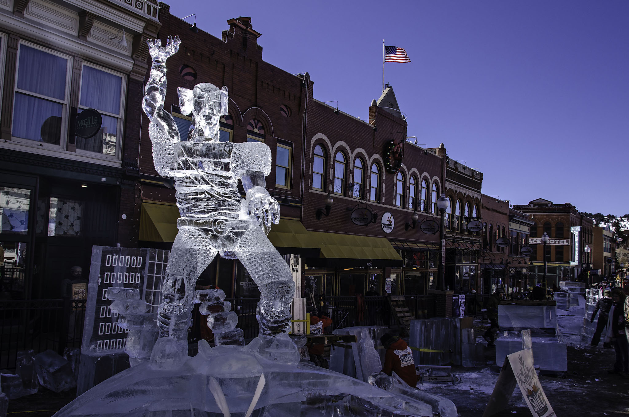 Beauitful and intricate ice sculptures line the streets of the Cripple Creek Ice Festival.