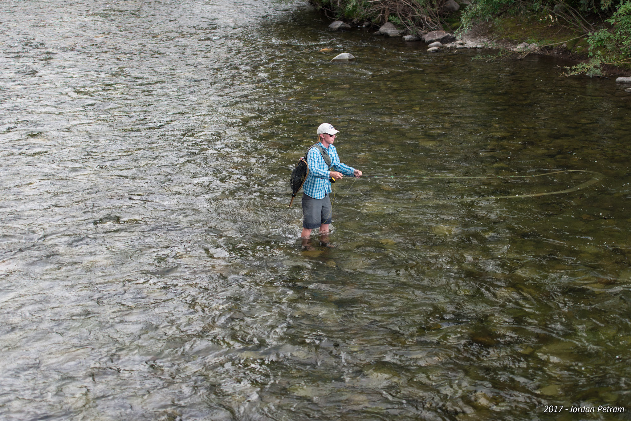 A fly fisherman wading through the waters of East River, near Crested Butte, Colorado.