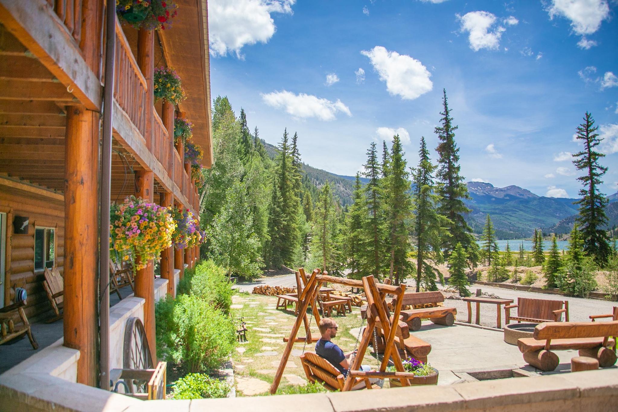 Lakeside lodge with blue skies