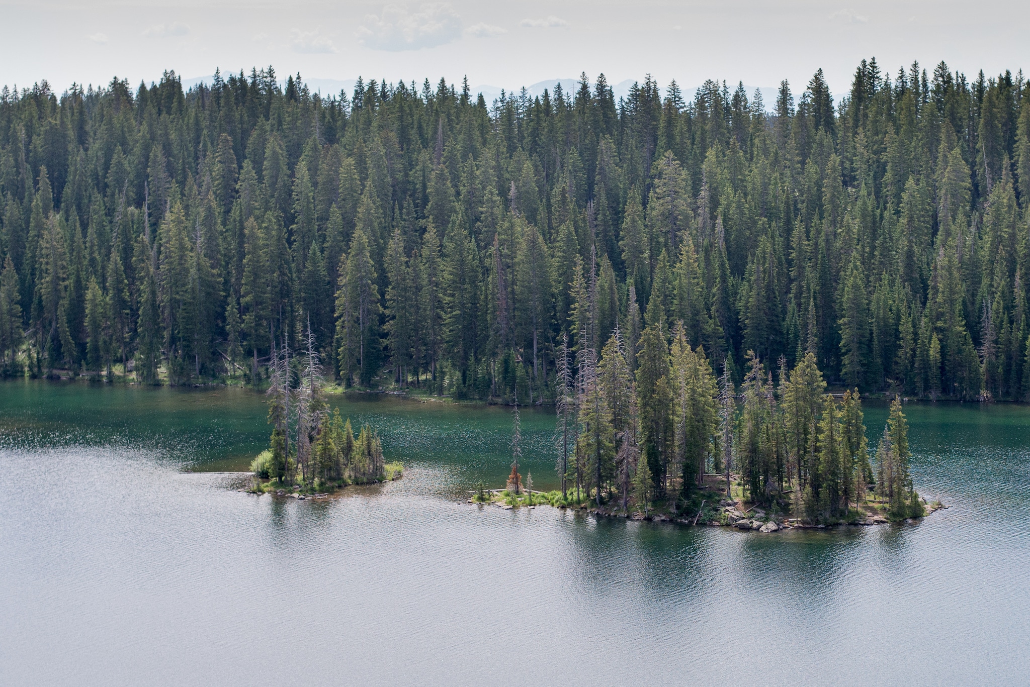 Deep blue green waters of Island Lake, with two small pine tree islands in the middle.