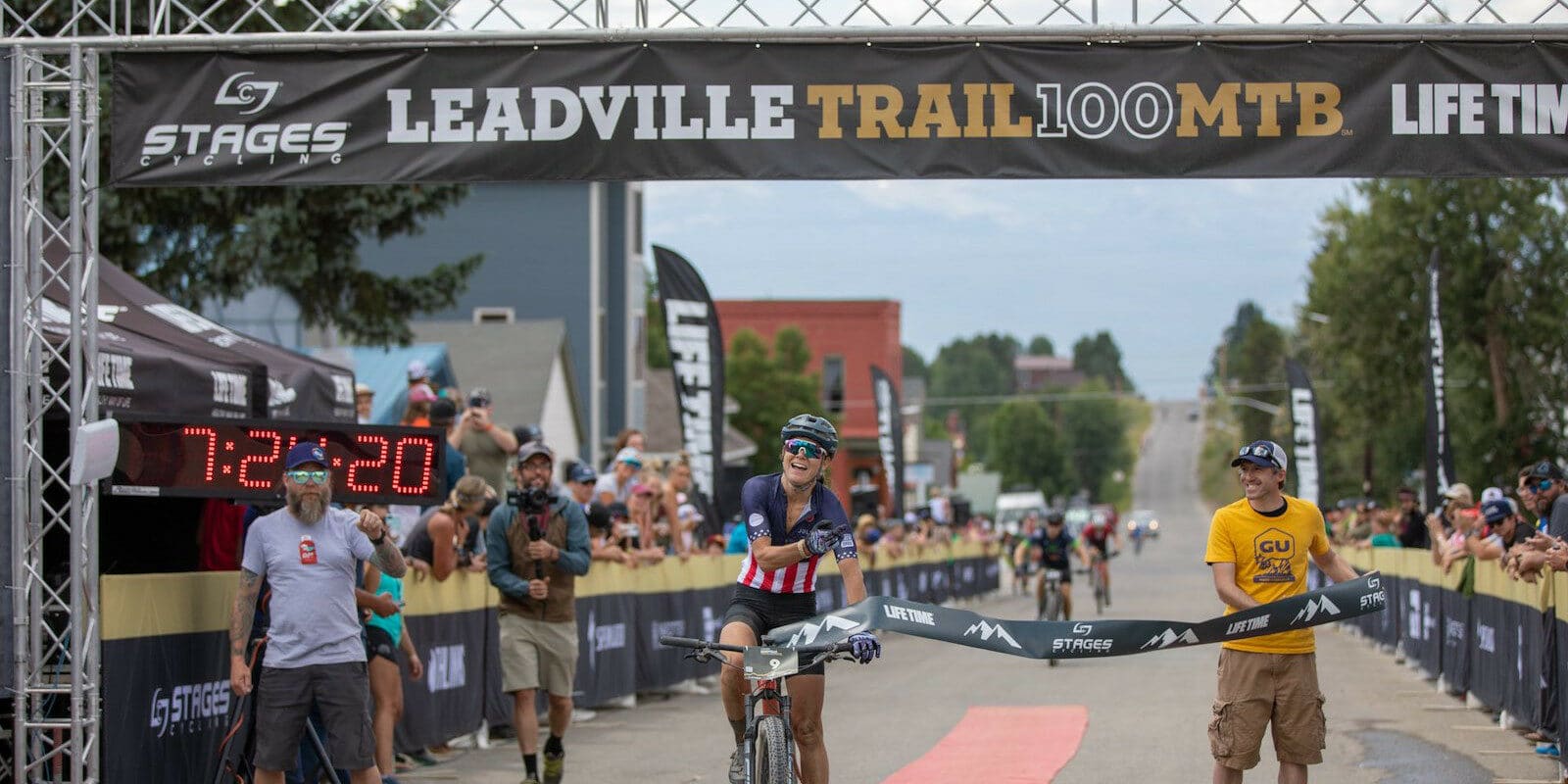 Image of the Leadville Trail Mountain Bikes Series finish line in Colorado