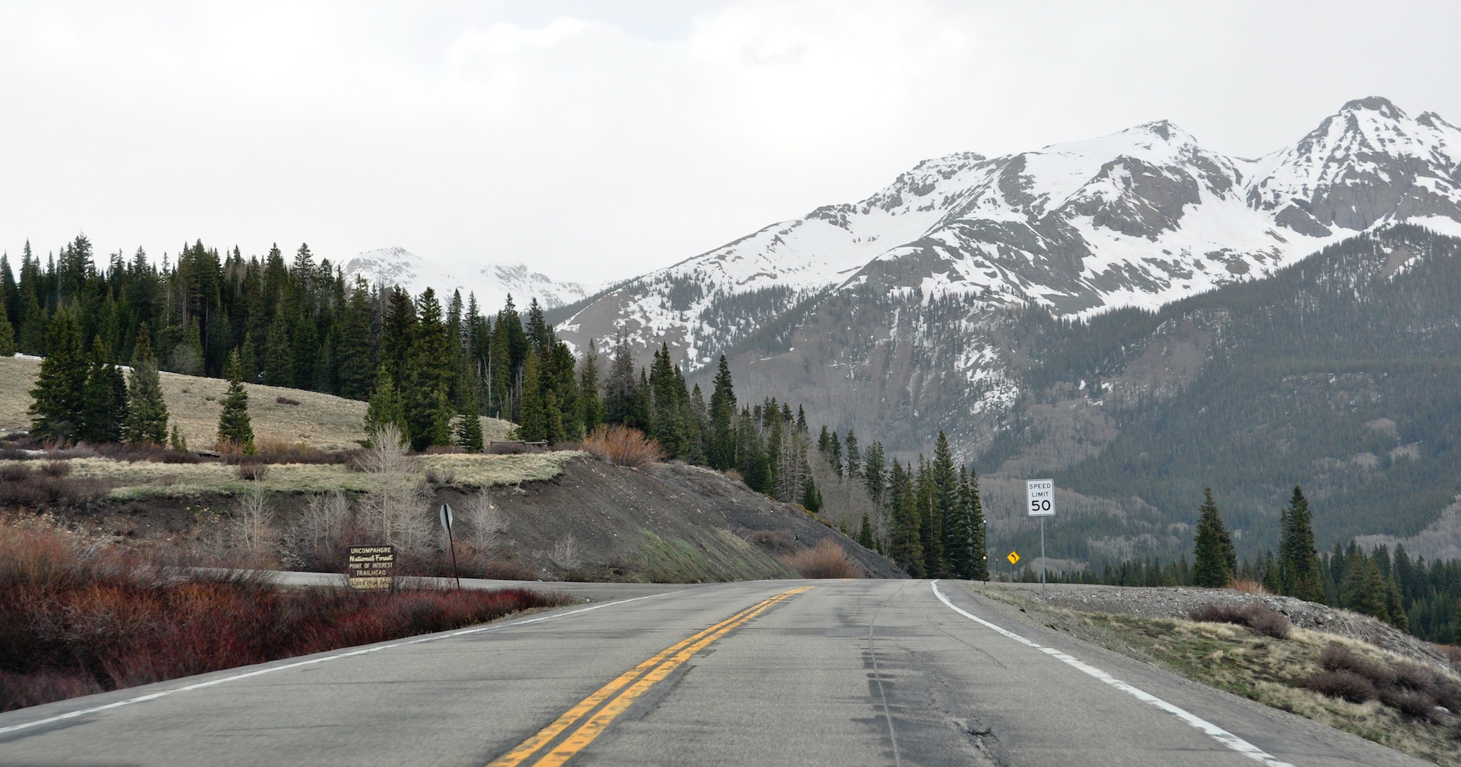 The top of paved Lizard Head Pass, snowcapped mountains block the horizon beyond it, on a cloudy winter day..