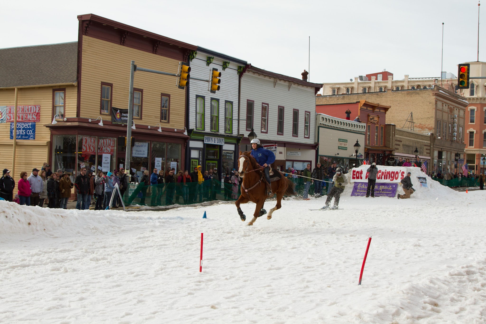 The always entertaining skjoring events in Leadville, where horses pull skiers down a course set up with jumps and rings.