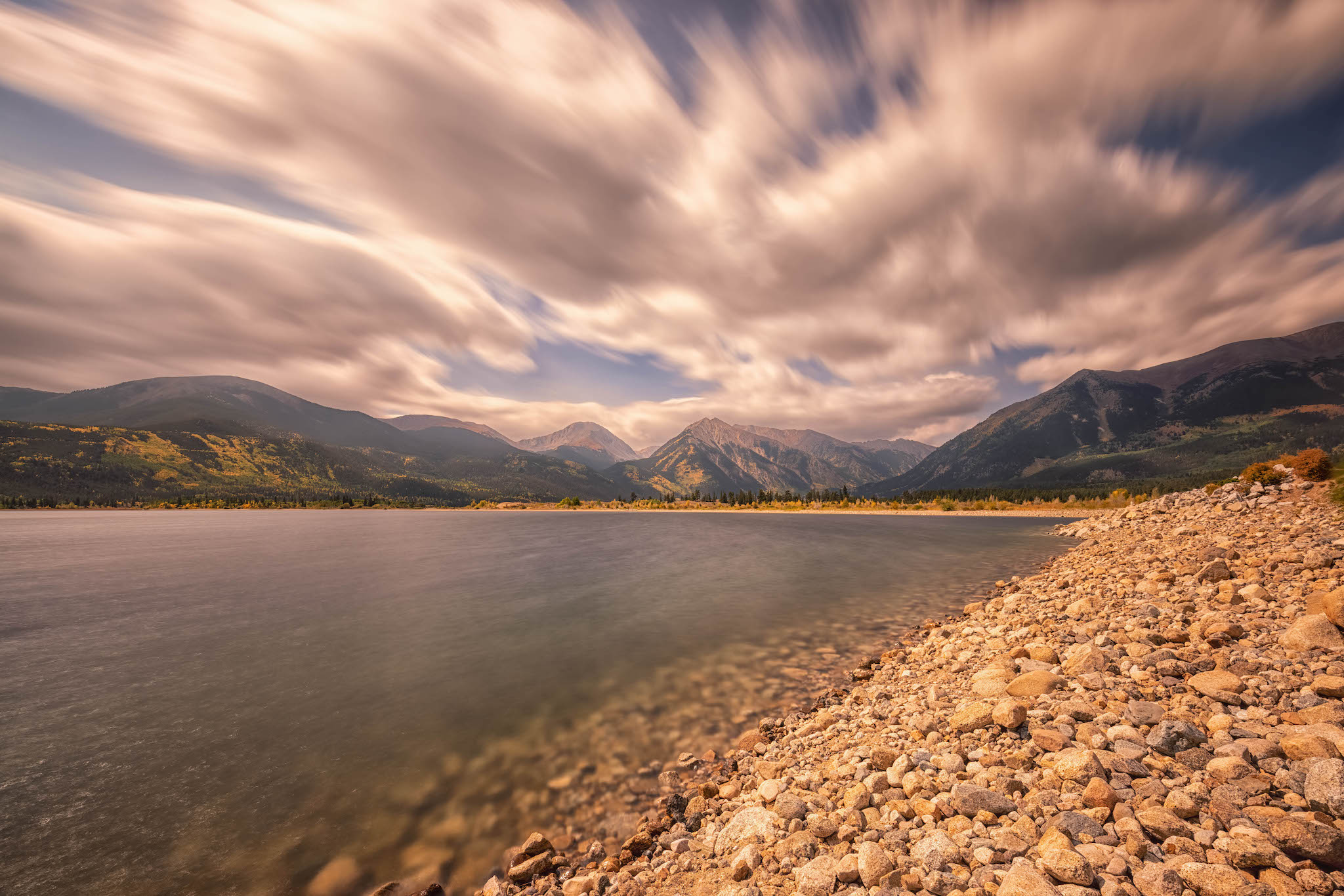 The glacial waters of Twin Lakes set against the highest mountains in Colorado.