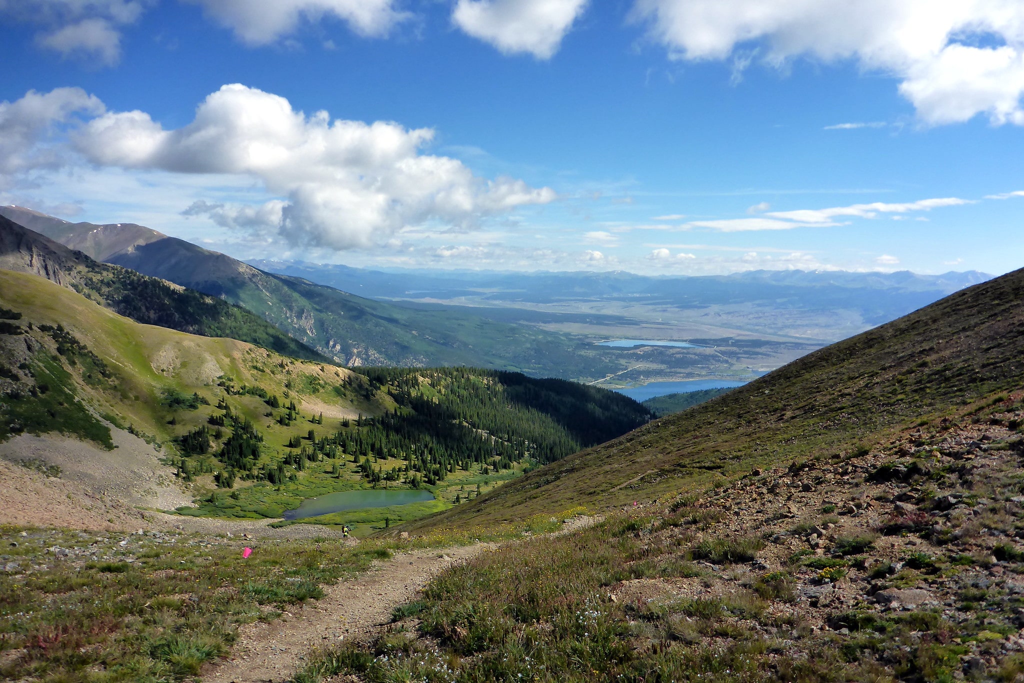 Alpine hiking trail to twin lakes