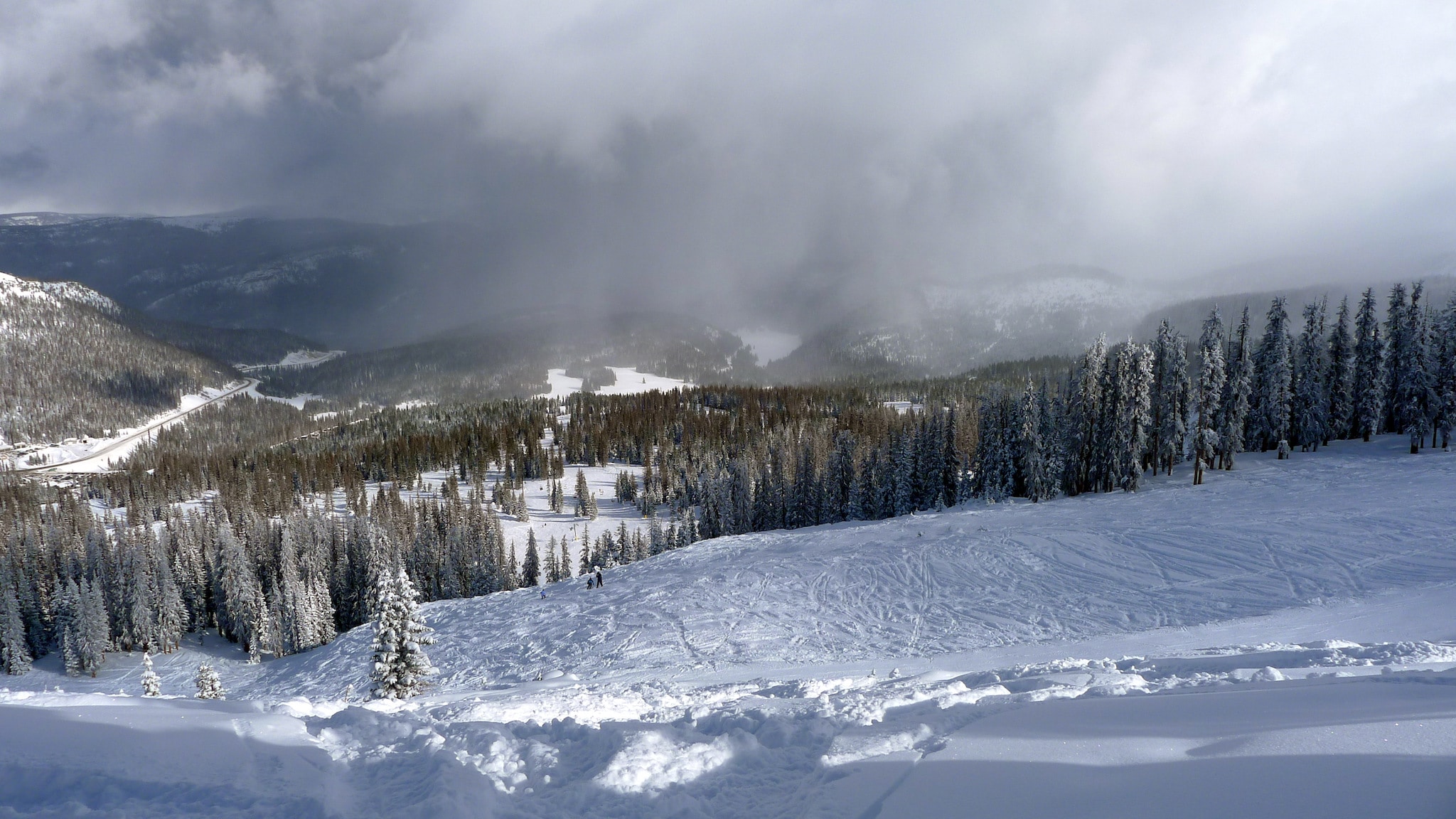 Looking down at moderate powder slopes at Wolf Creek Ski Resort.