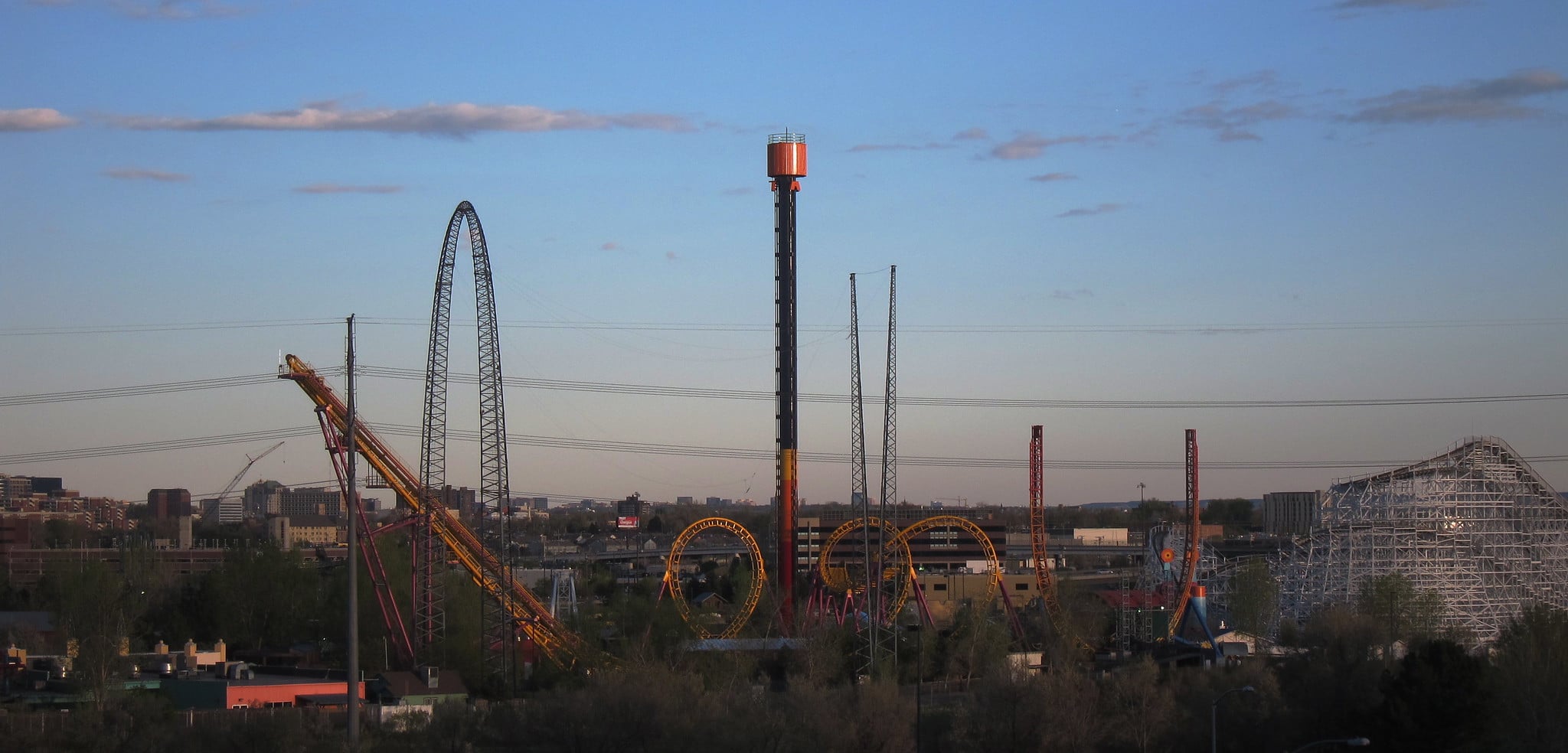 View of amusement park at dusk