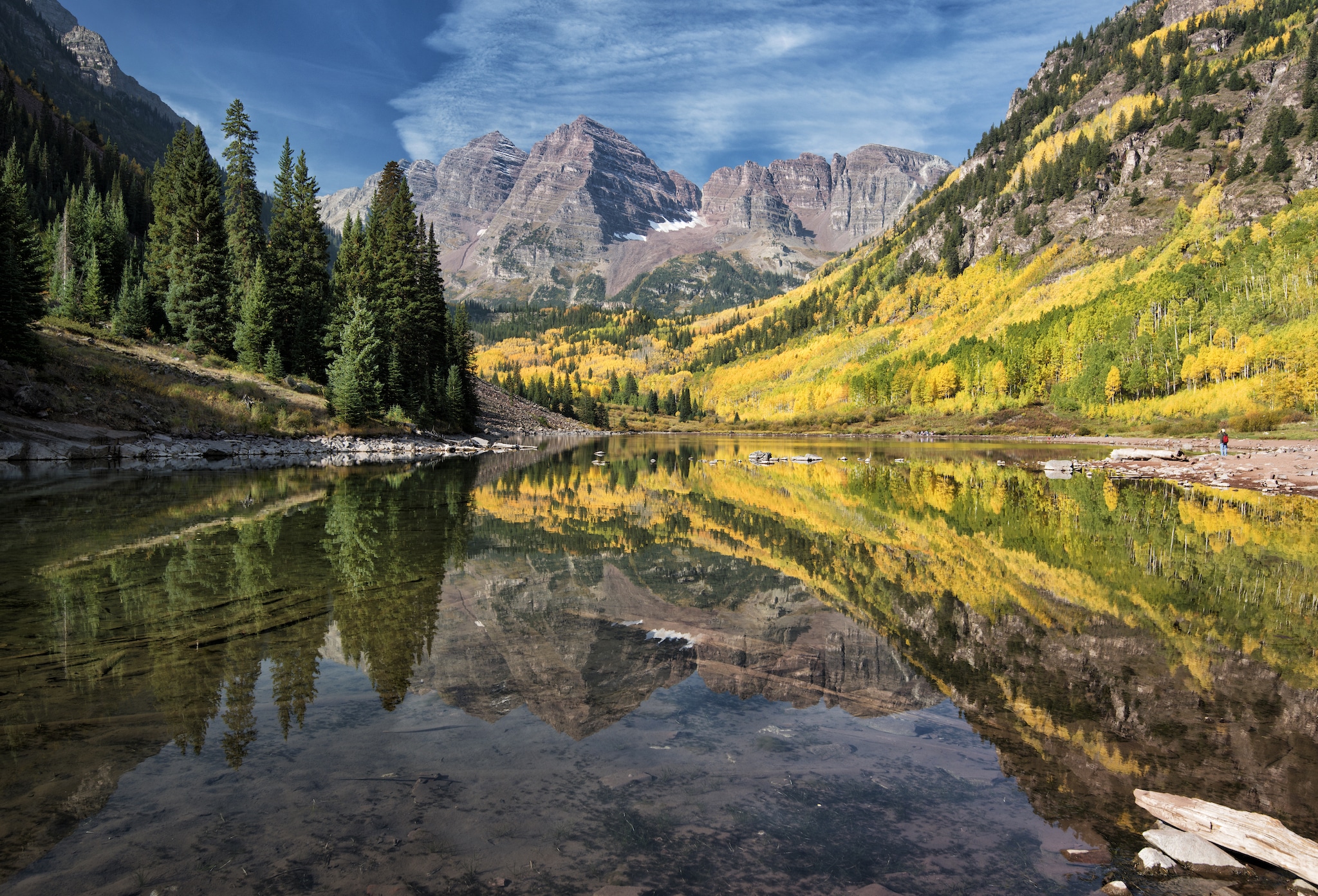 The beautiful Maroon Bells, reflected off the tranquil surface of Maroon Lake.