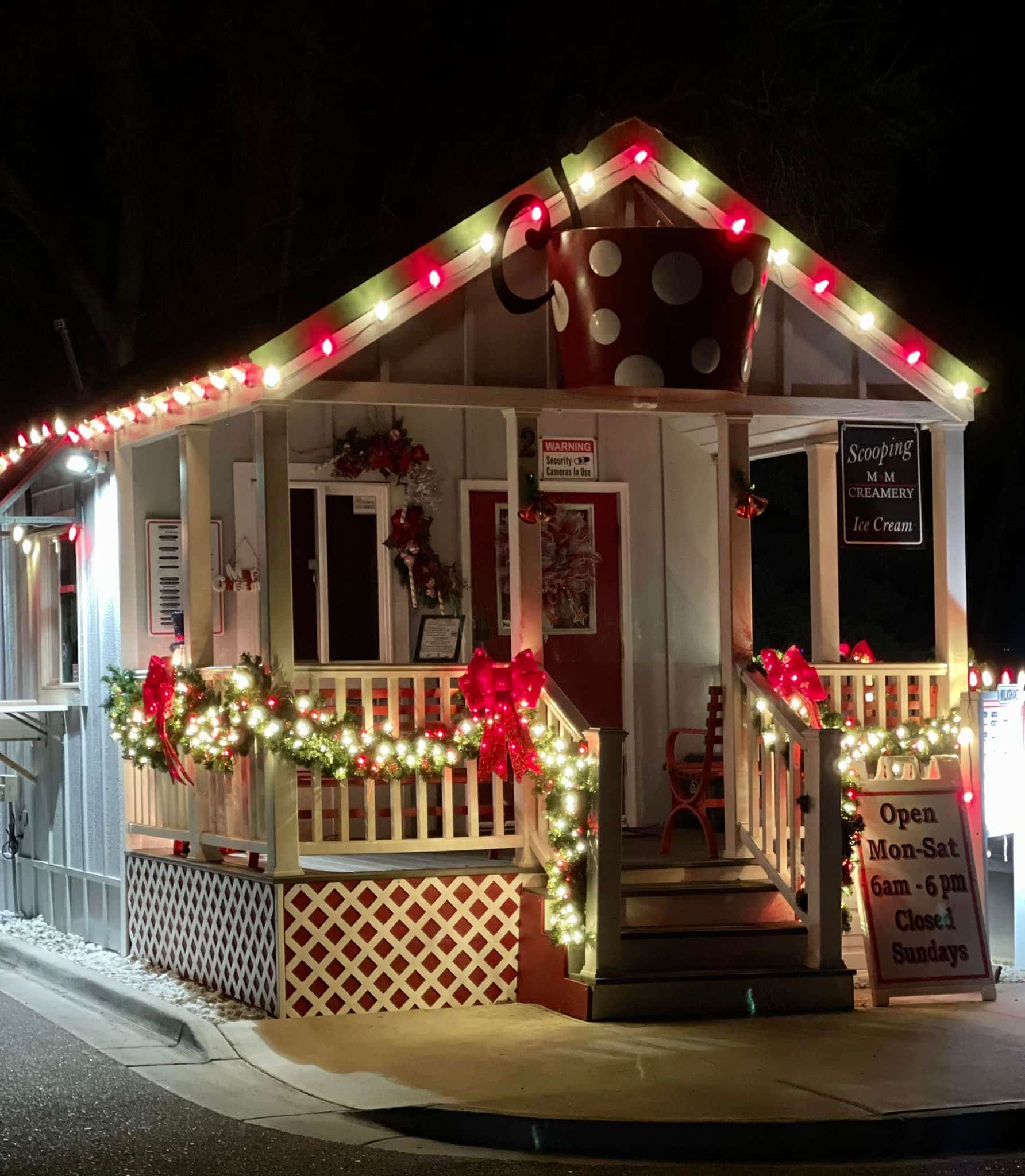 Christmas lights on small coffee shop