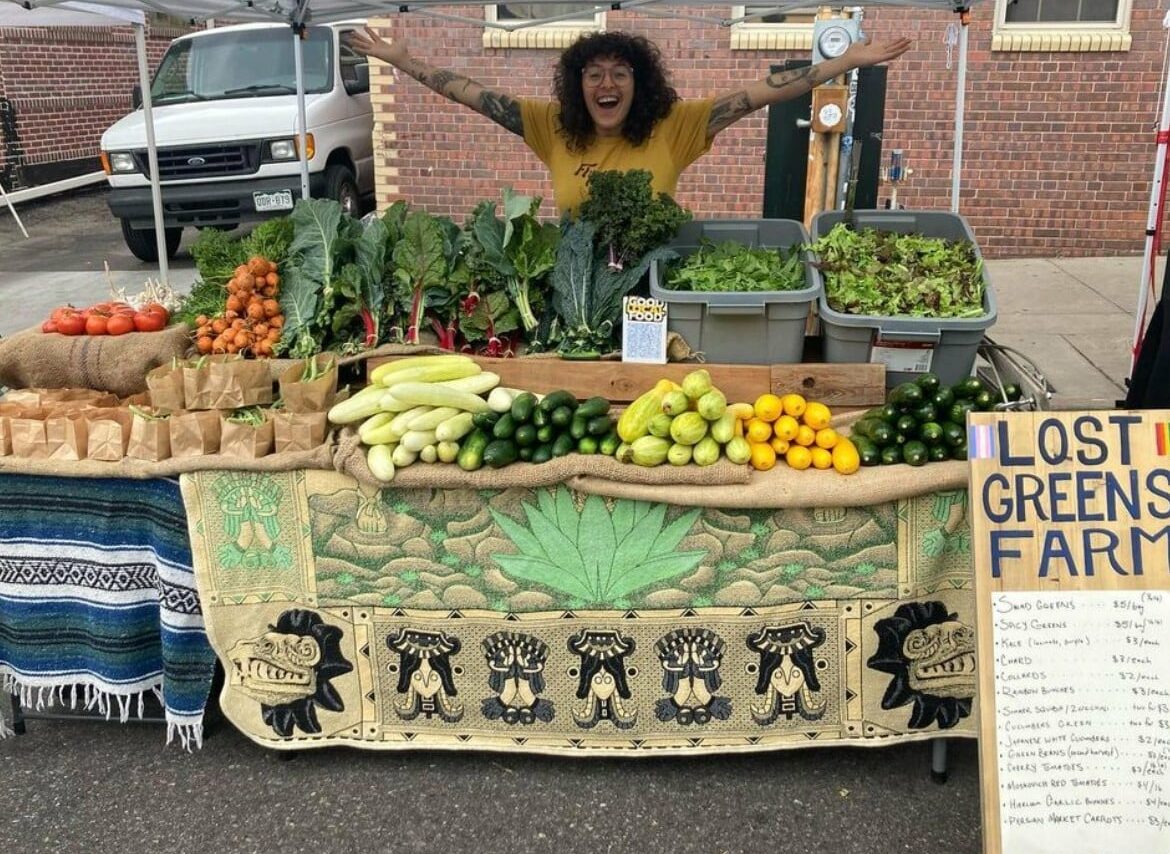 Farmers market table full of produce