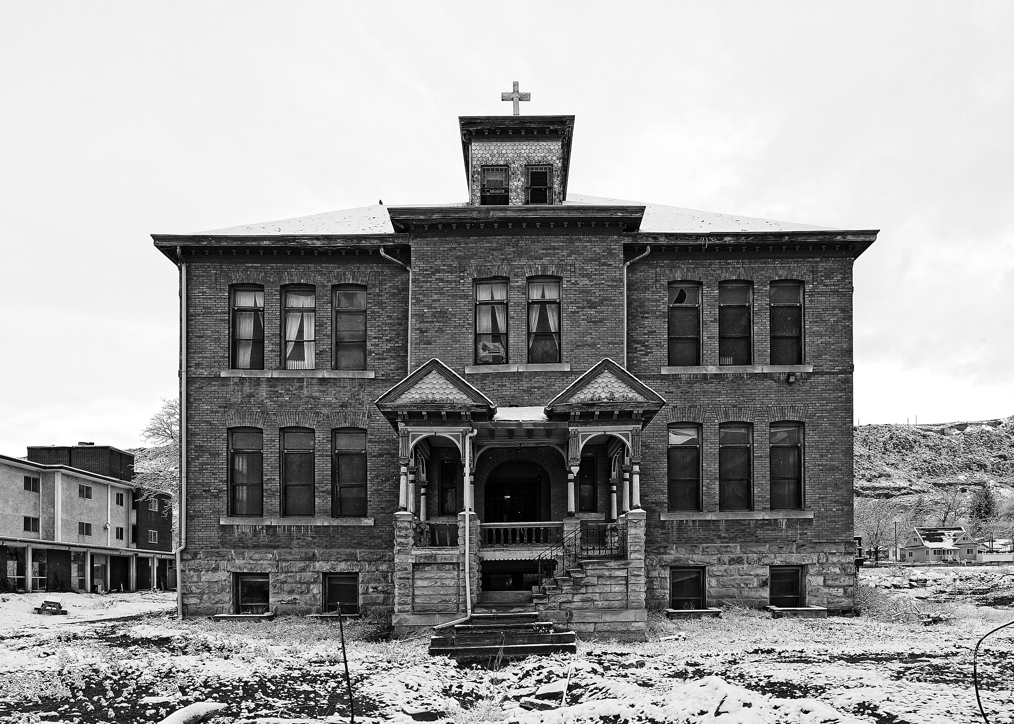 Black and white picture of old school building