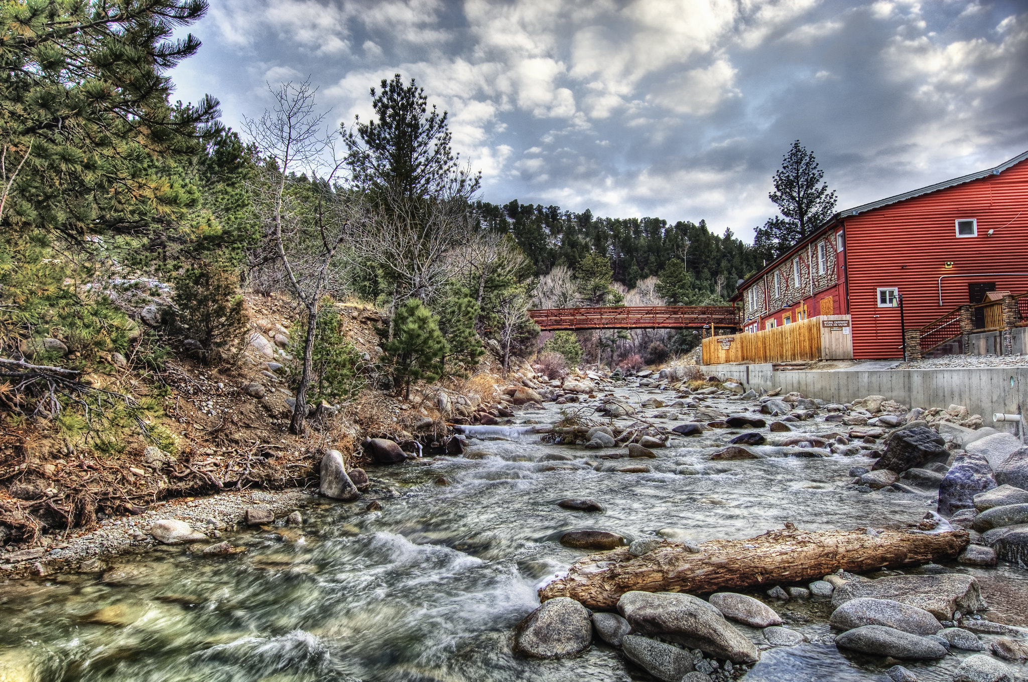 Creek and red building