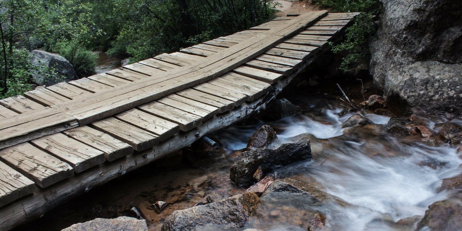 Image of a bridge crossing the water on Seven Bridges Trail in Colorado Springs, Colorado