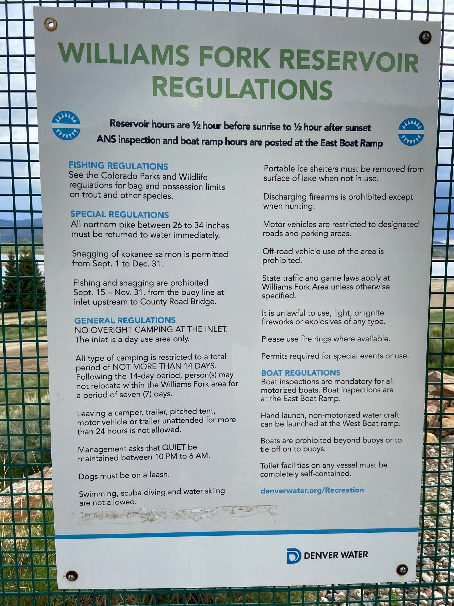 Williams Fork Reservoir Regulations Sign for Boating and Fishing