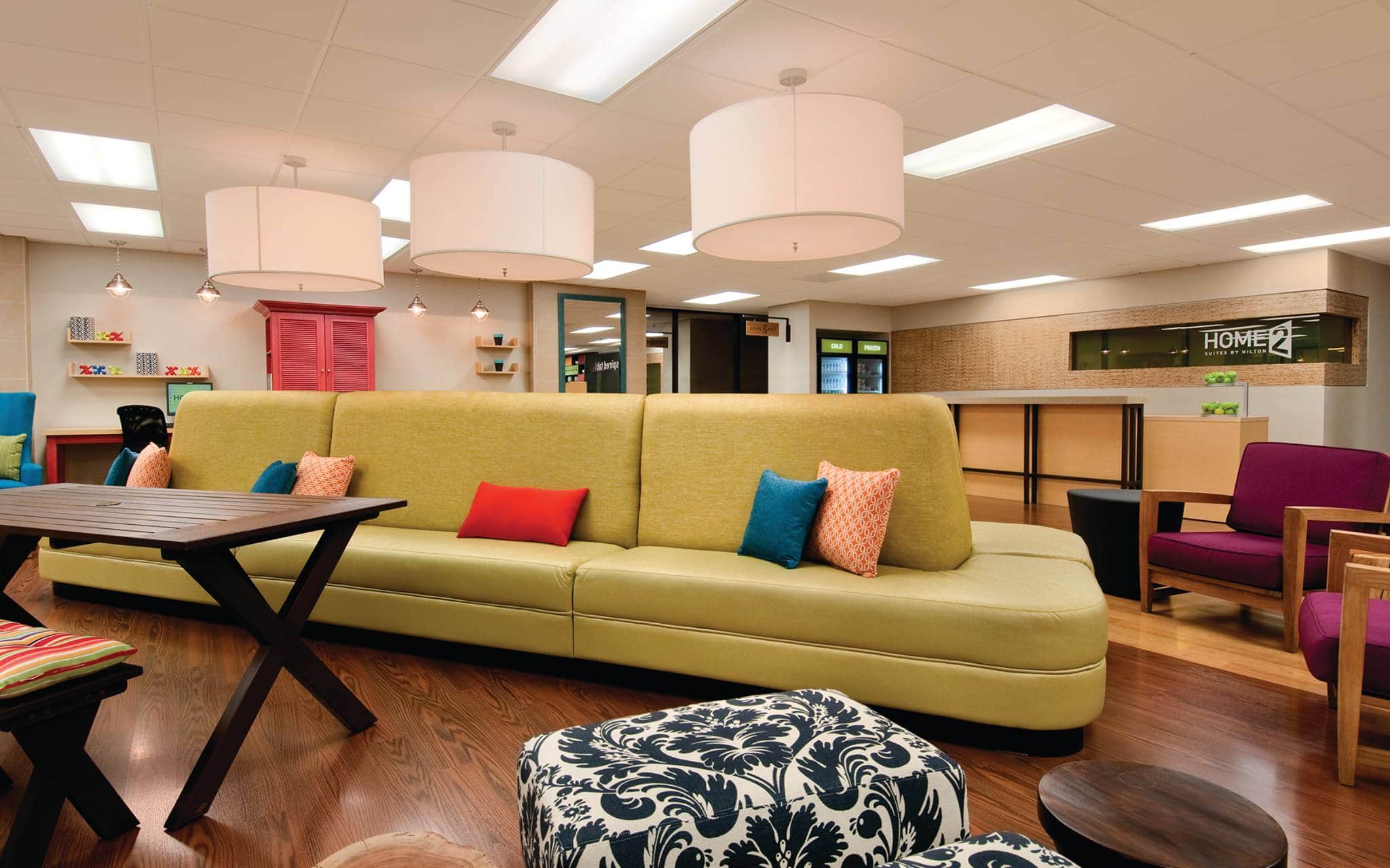 Brightly colored furniture in hotel lobby