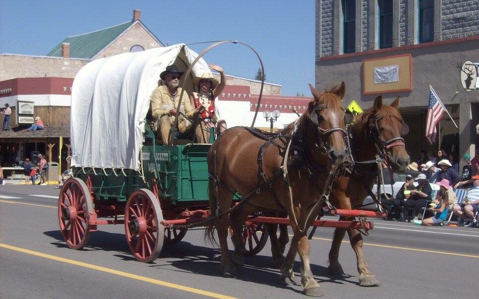 Covered wagon being pulled by 2 horses