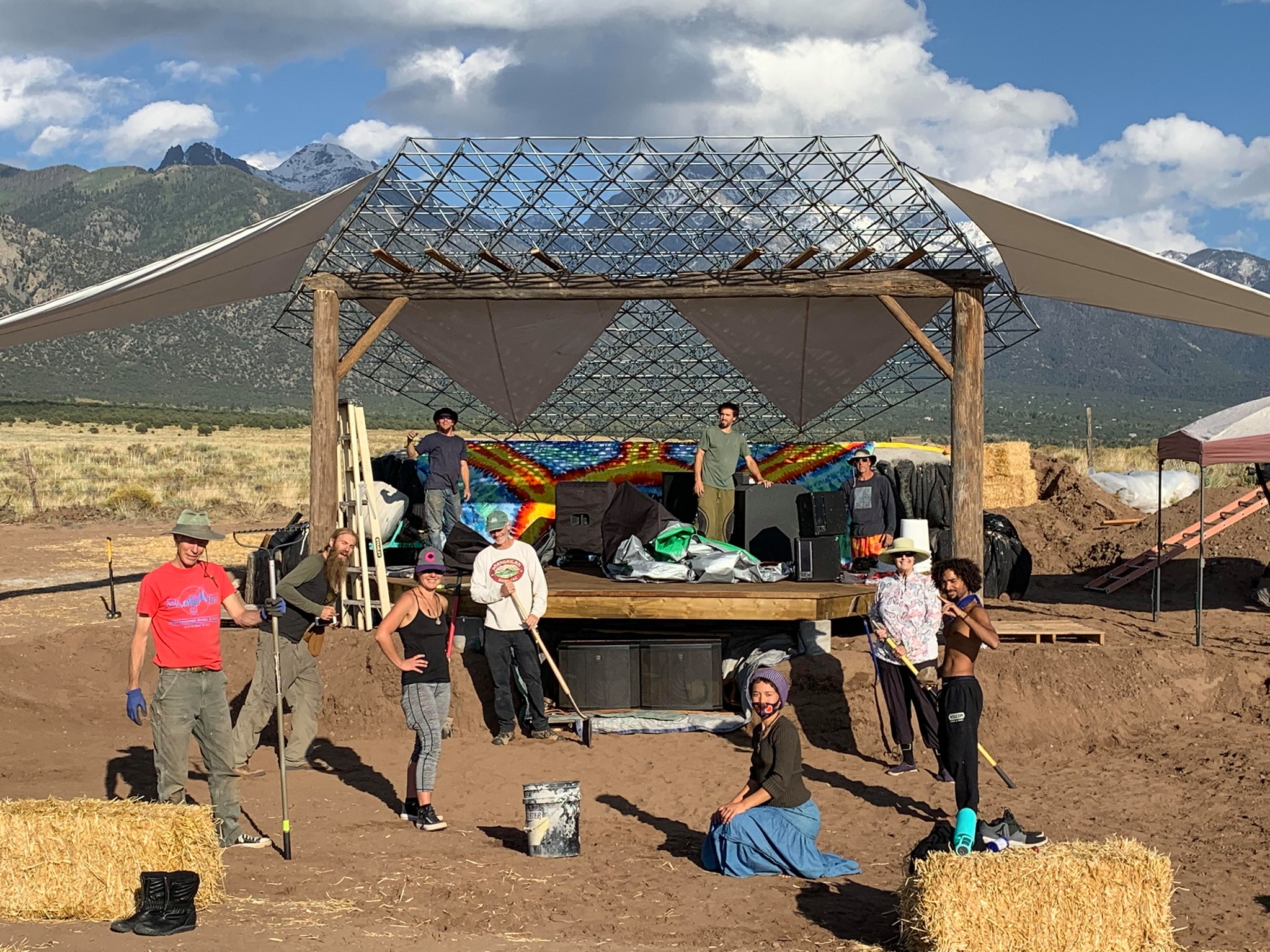 Volunteers building a wooden structure