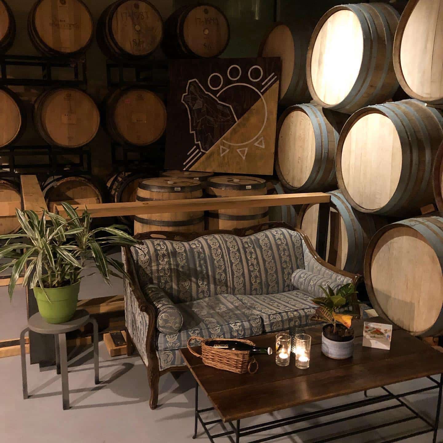 Couch and sitting area in the barrel room at a brewery