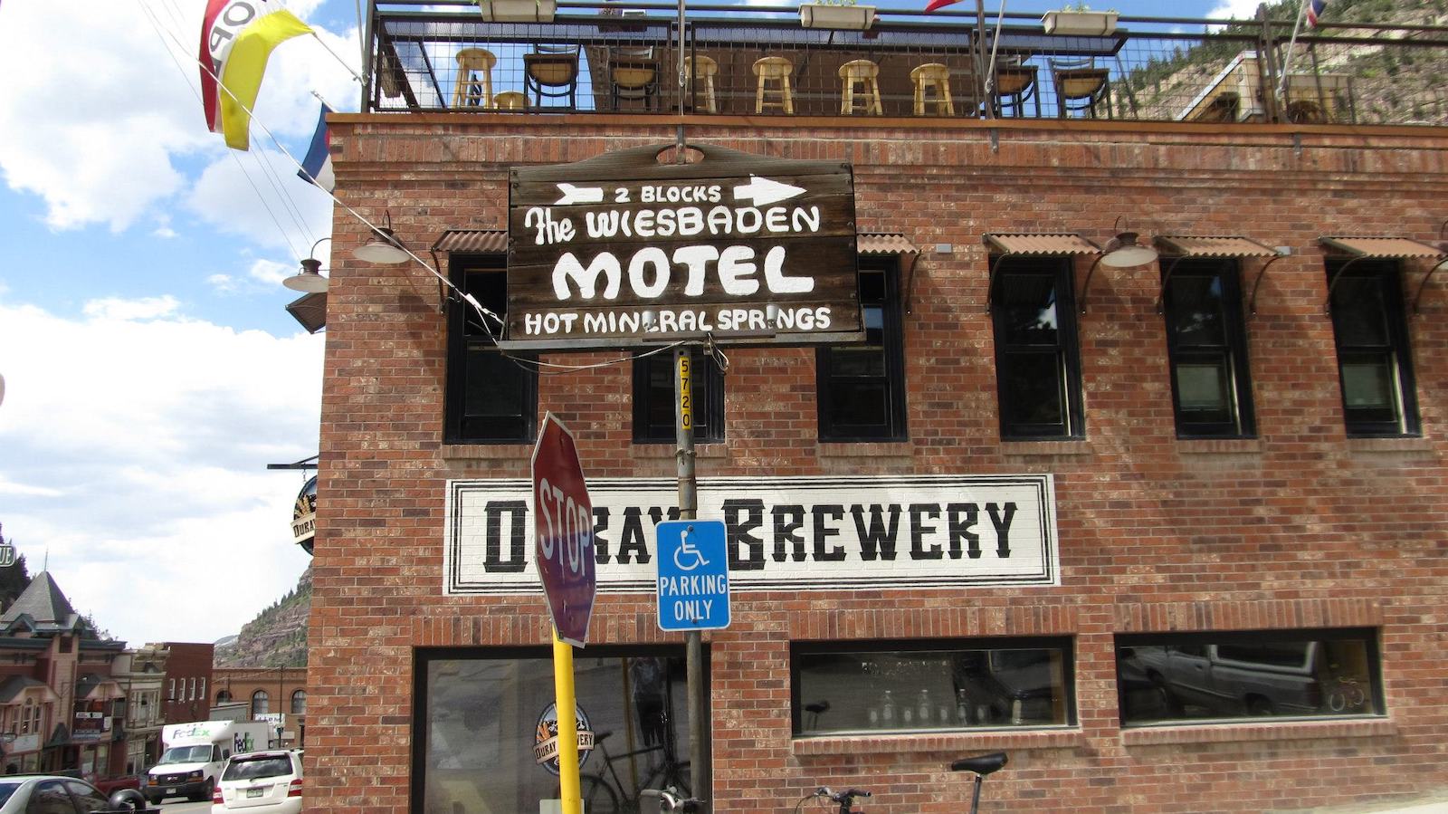 Image of the sign for the Weisbaden Hot Springs Spa & Lodgings in Ouray, Colorado