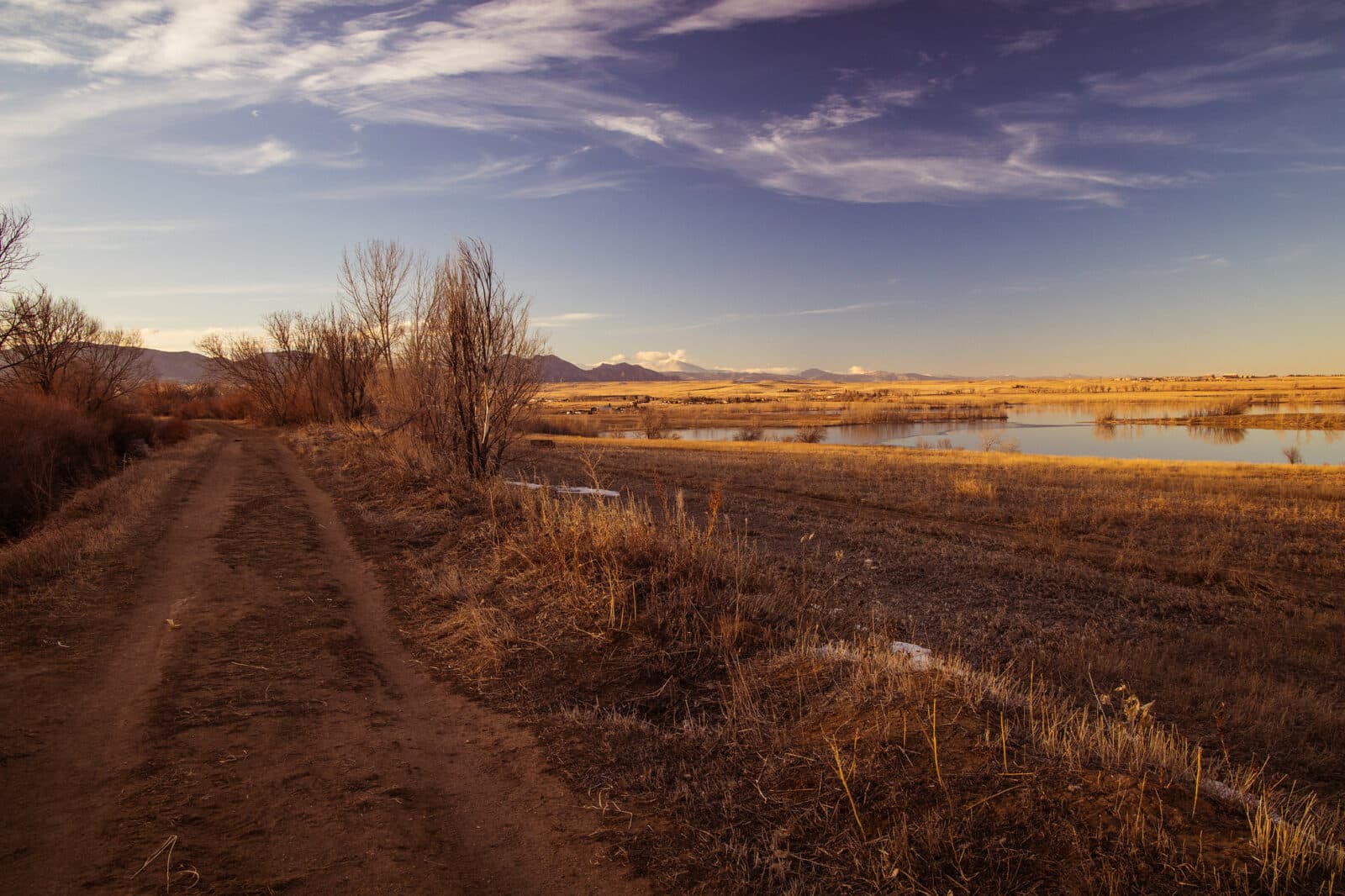 Walking path near a lake during sunset