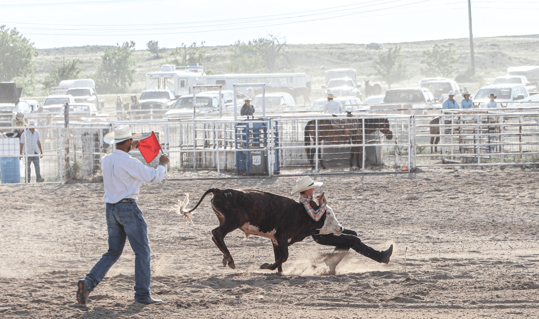 Cowhand kid holding onto a small cow