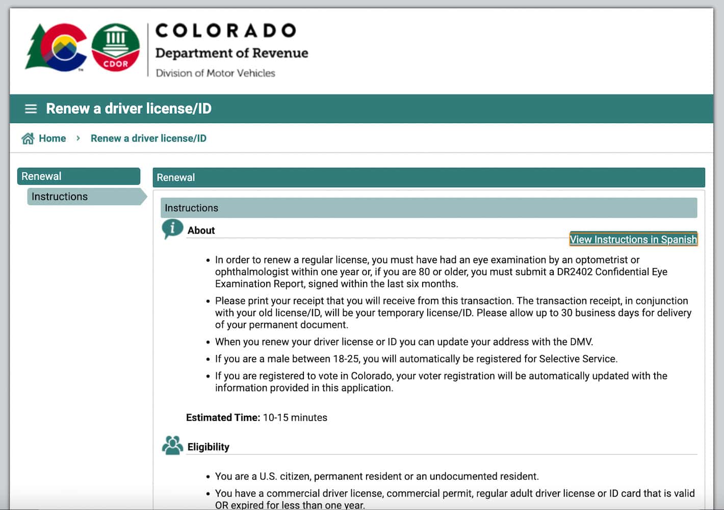 Colorado Driver's License Renew Online Screenshot