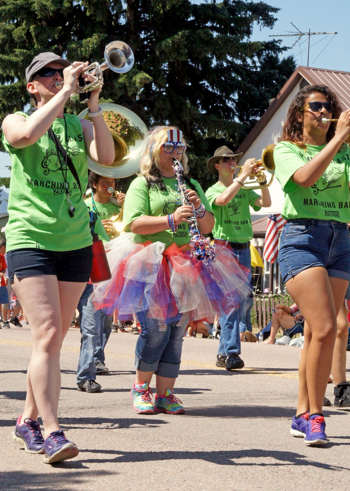 Marching band performers in parade