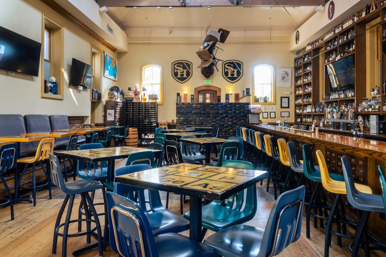 Inside of a schoolhouse-themed restaurant