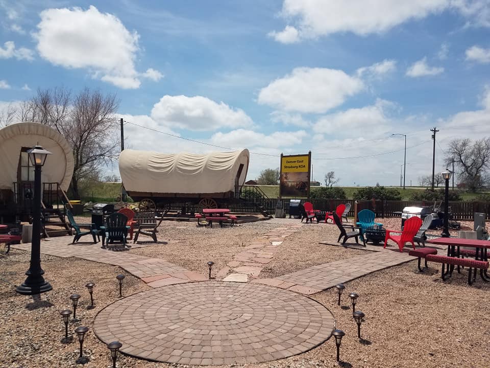 Circle of covered wagons at a campground