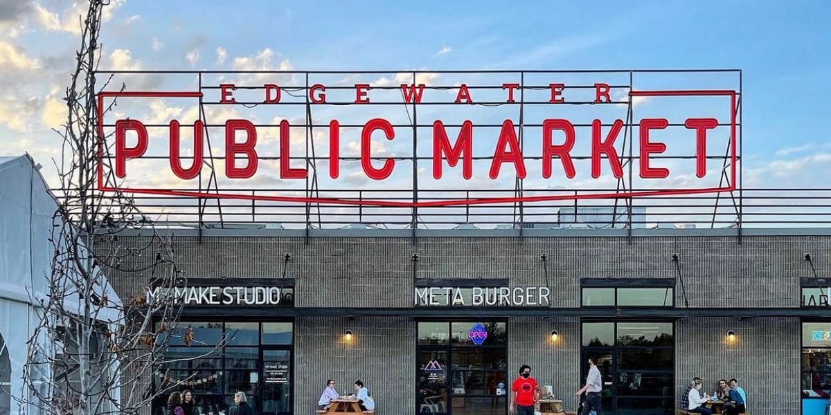 Big red sign for Edgewater Public Market