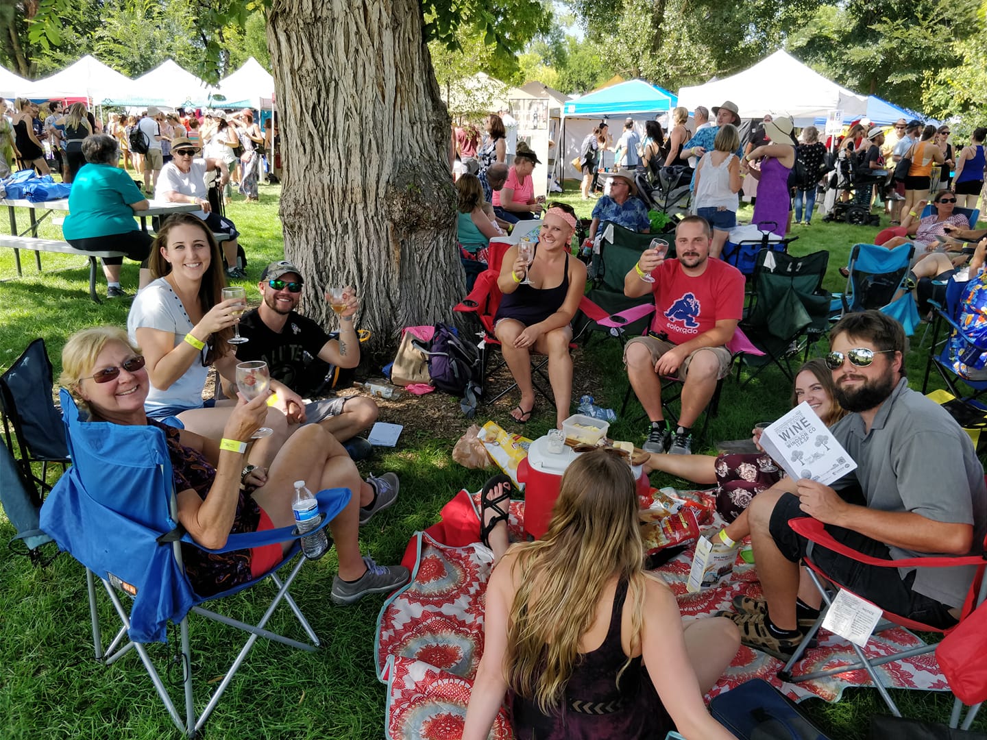 Sekelompok orang di Front Range Wine Festival di Windsor duduk di rumput dalam lingkaran menikmati piknik dan anggur baru