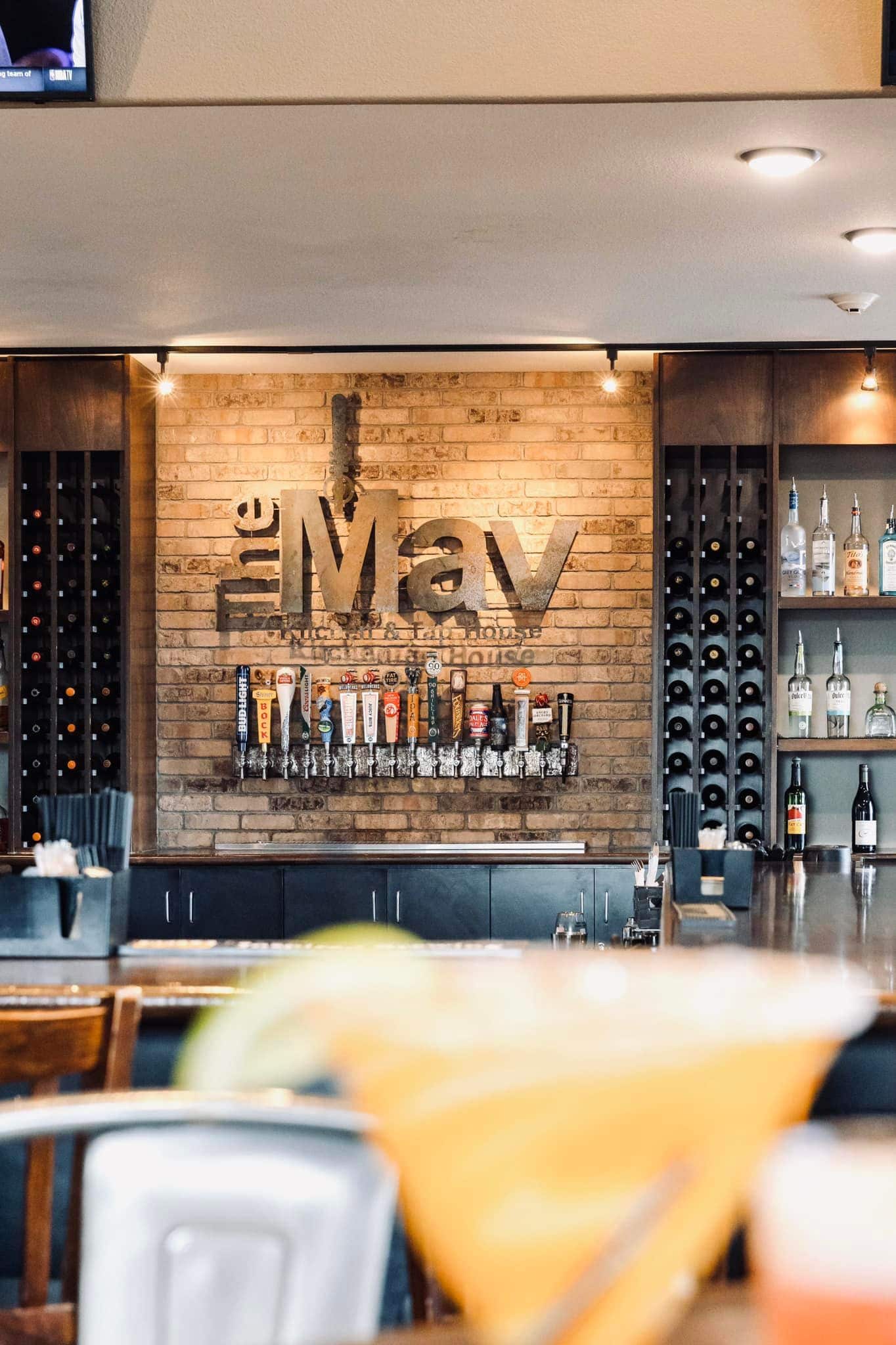 The Mav decal over a bar