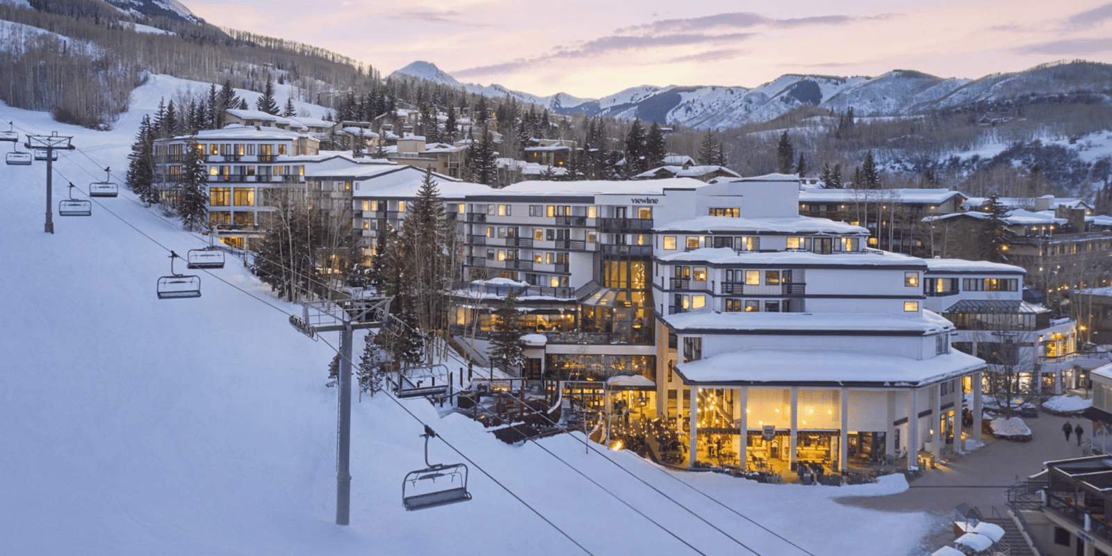 Outside of Viewline Resort by ski slopes on a snowy day