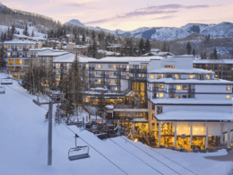 Outside of Viewline Resort by ski slopes on a snowy day