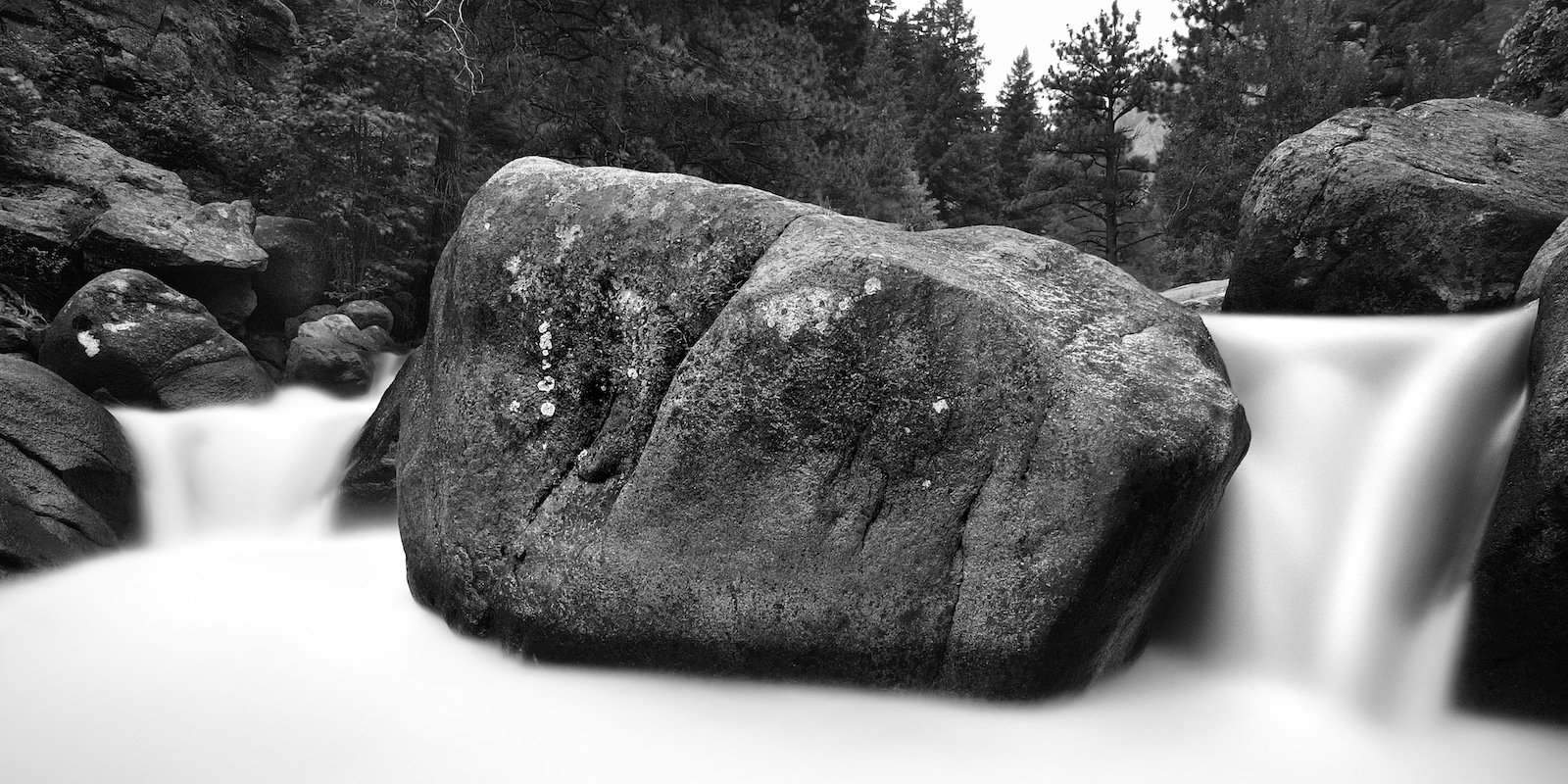 Black and White photo of Saint Vrain Creek cascading over river rocks