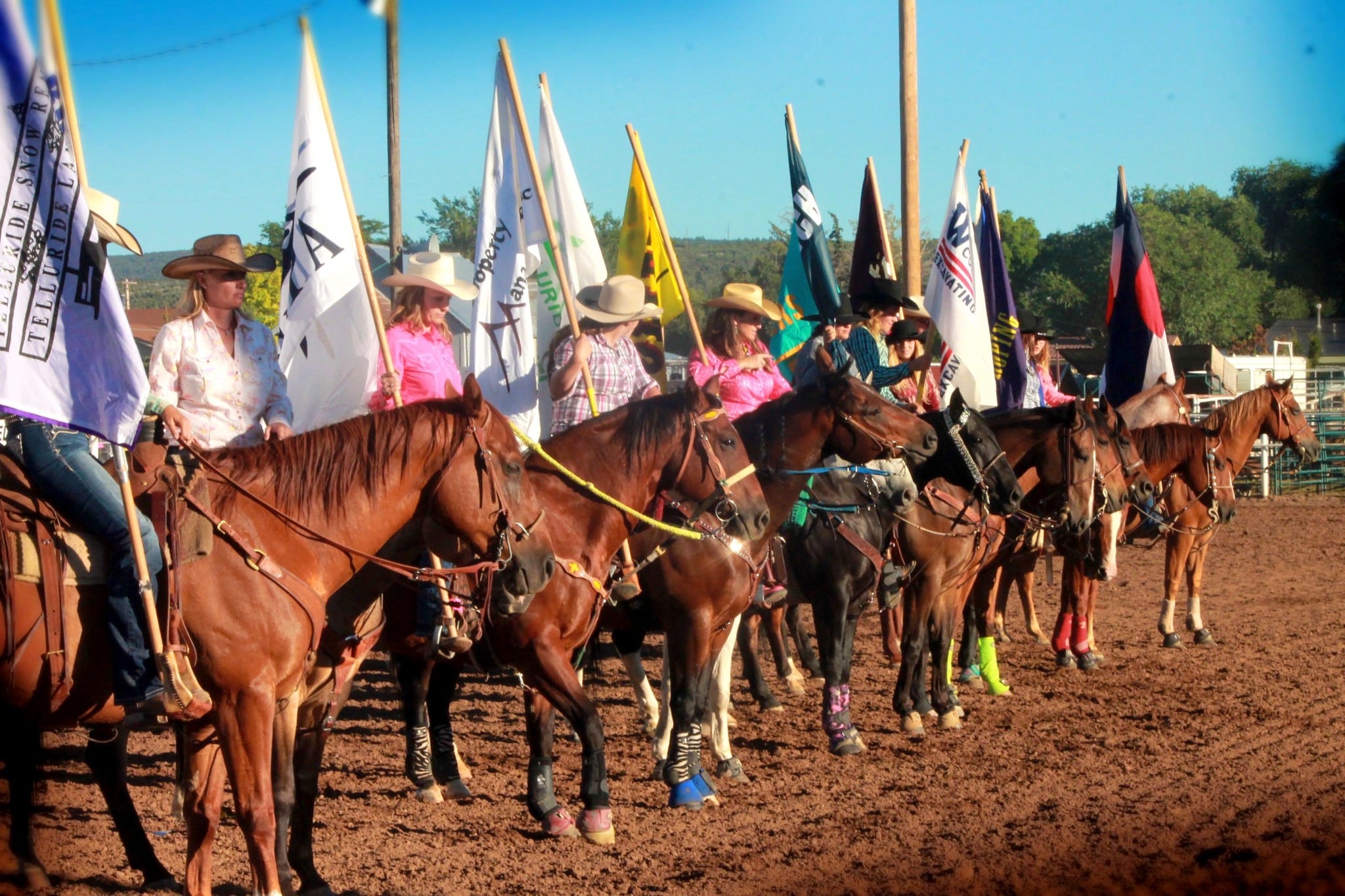 Line of horses with riders and flags at a rodeo