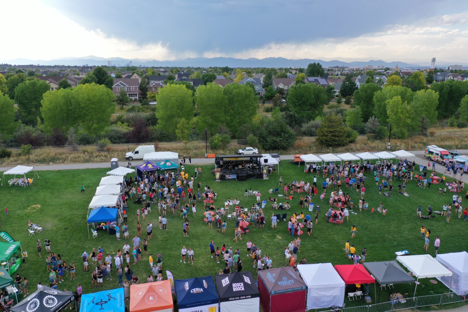 View from above ThirstyFest 2021, featuring many craft brewery tents and people socializing.