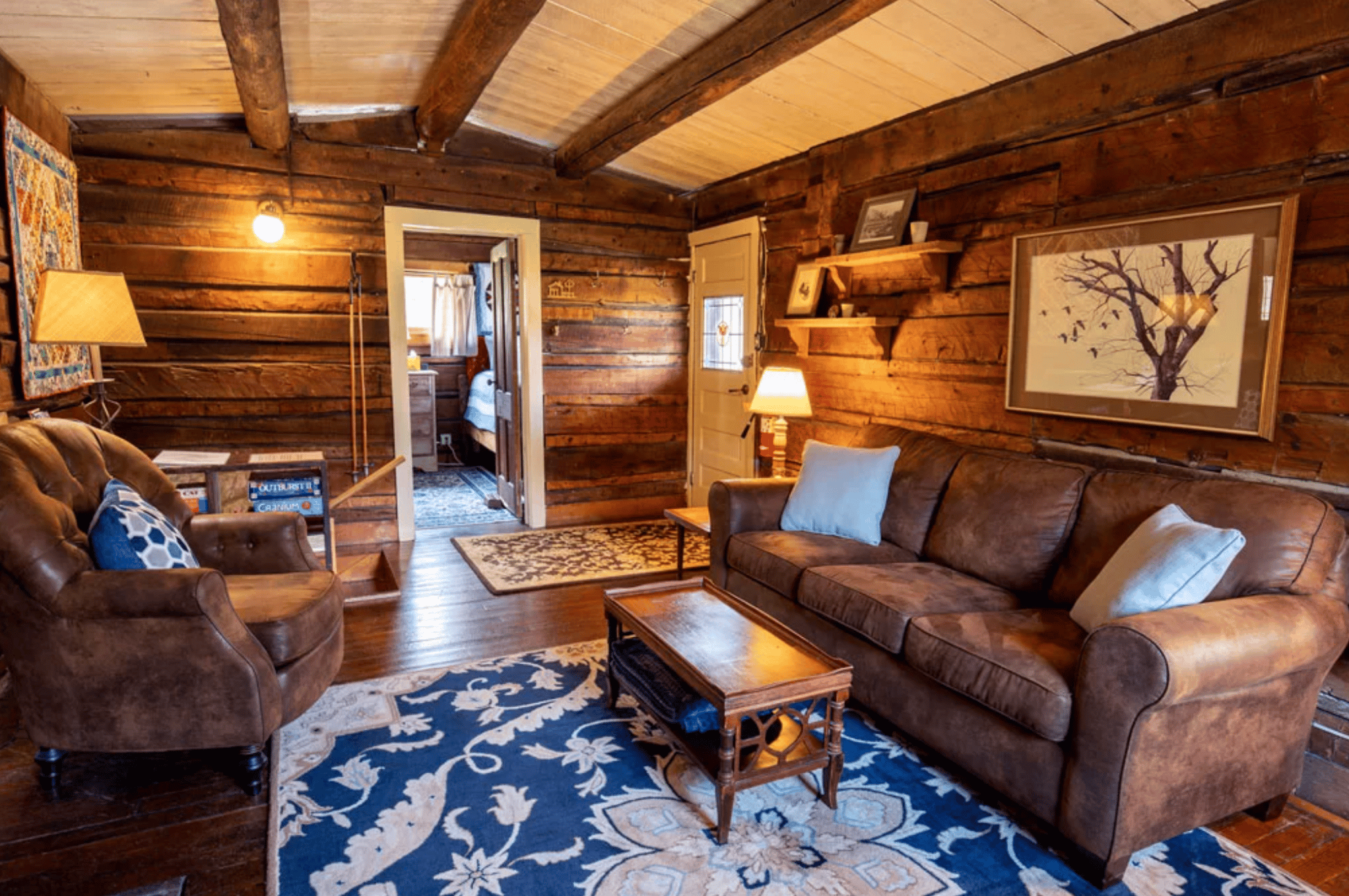 Living room in a rustic log cabin