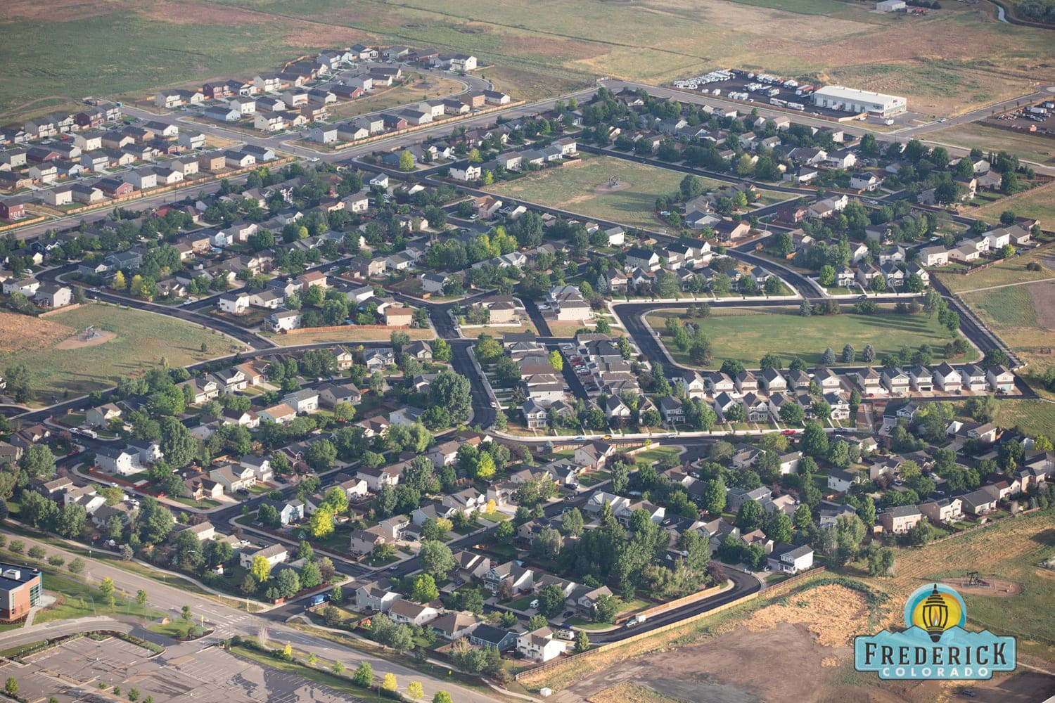 Aerial view of suburban neighborhood