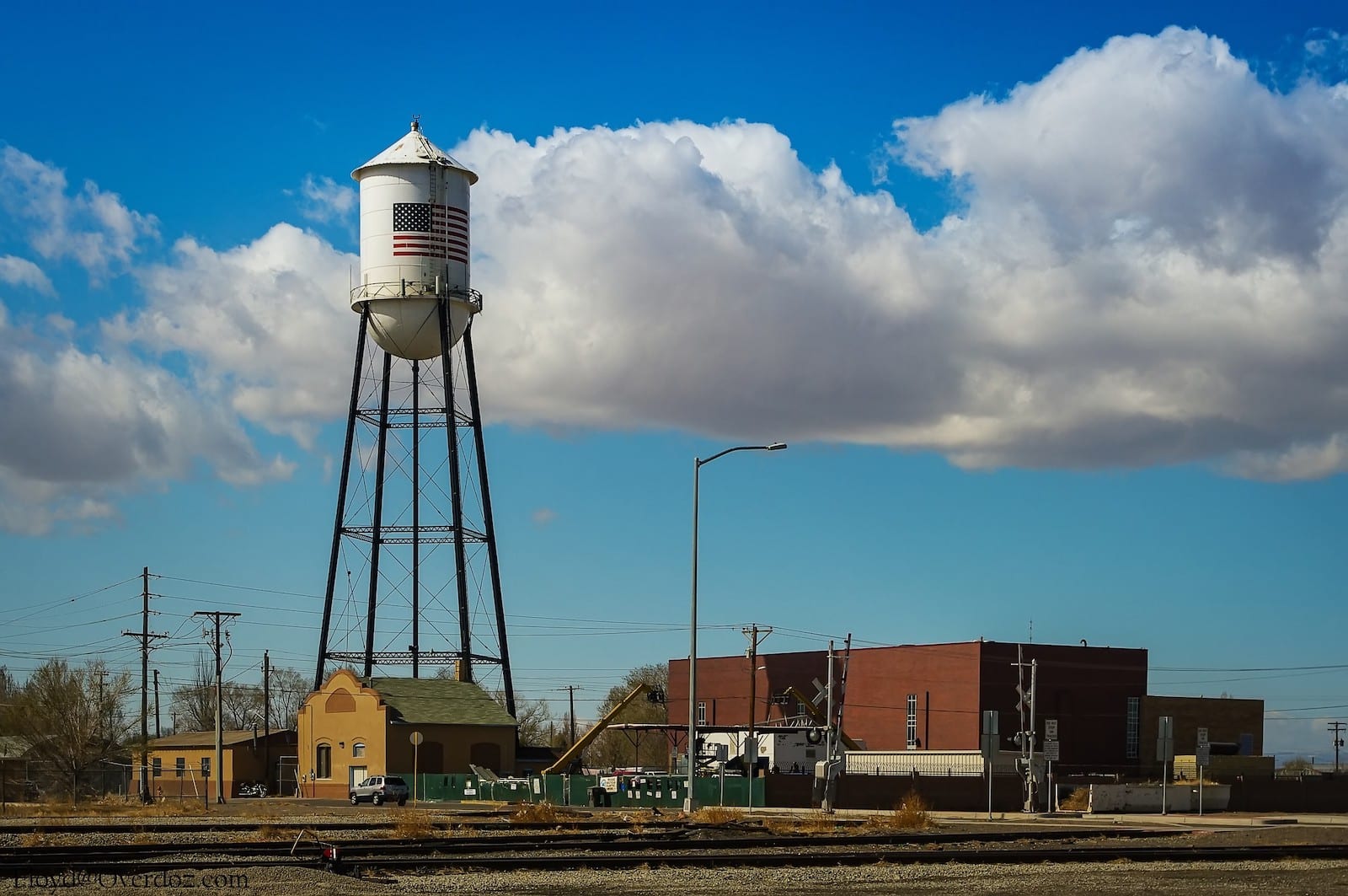 Water tower with an American flag on it in Alamosa Colorado