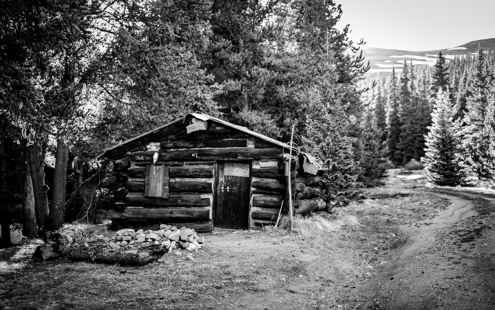 Black and white photo of Old Ram Shackle Cabin Alma CO