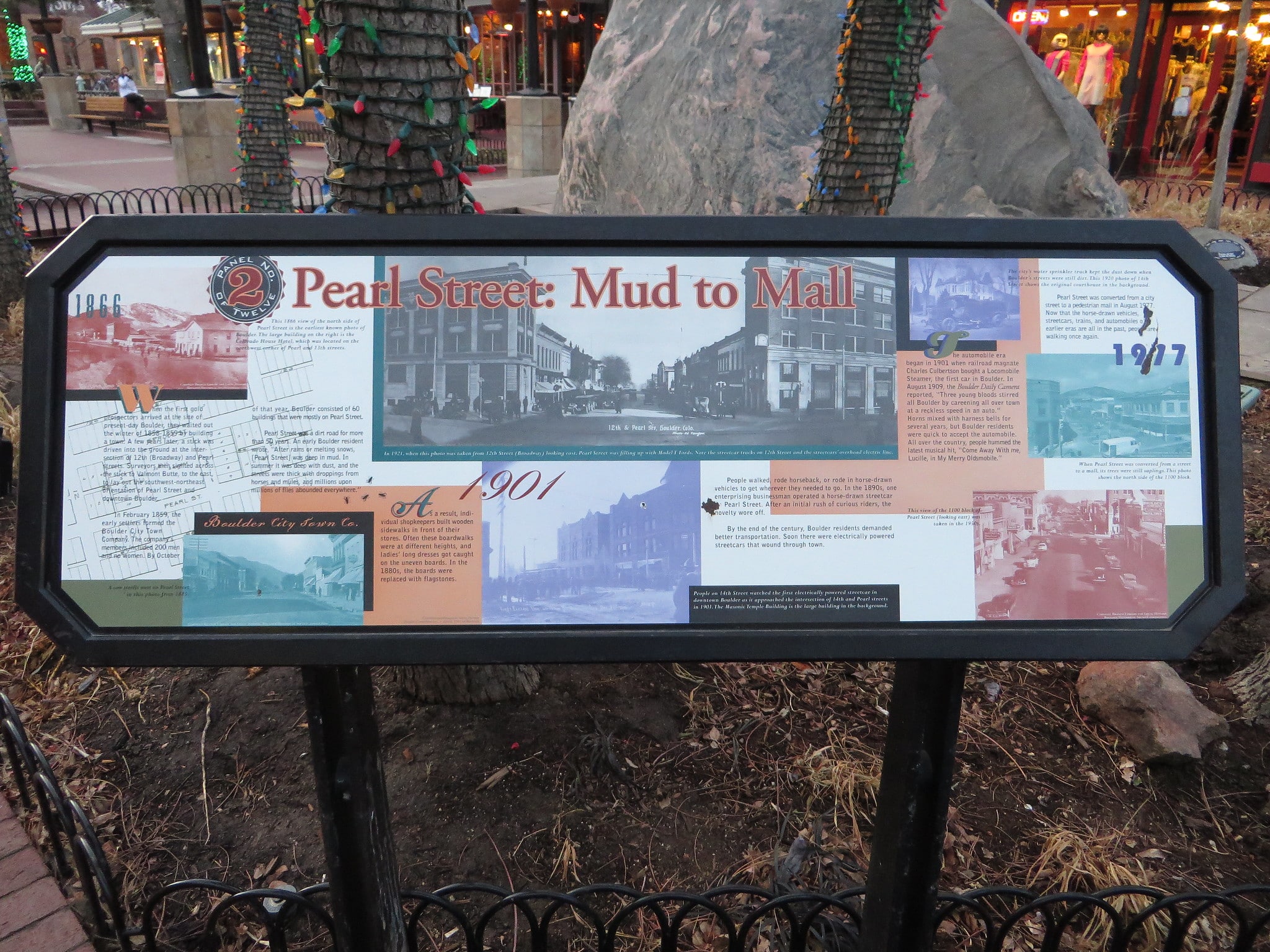 "From Mud to Mall" informational sign about the history of Pearl Street in Boulder, CO