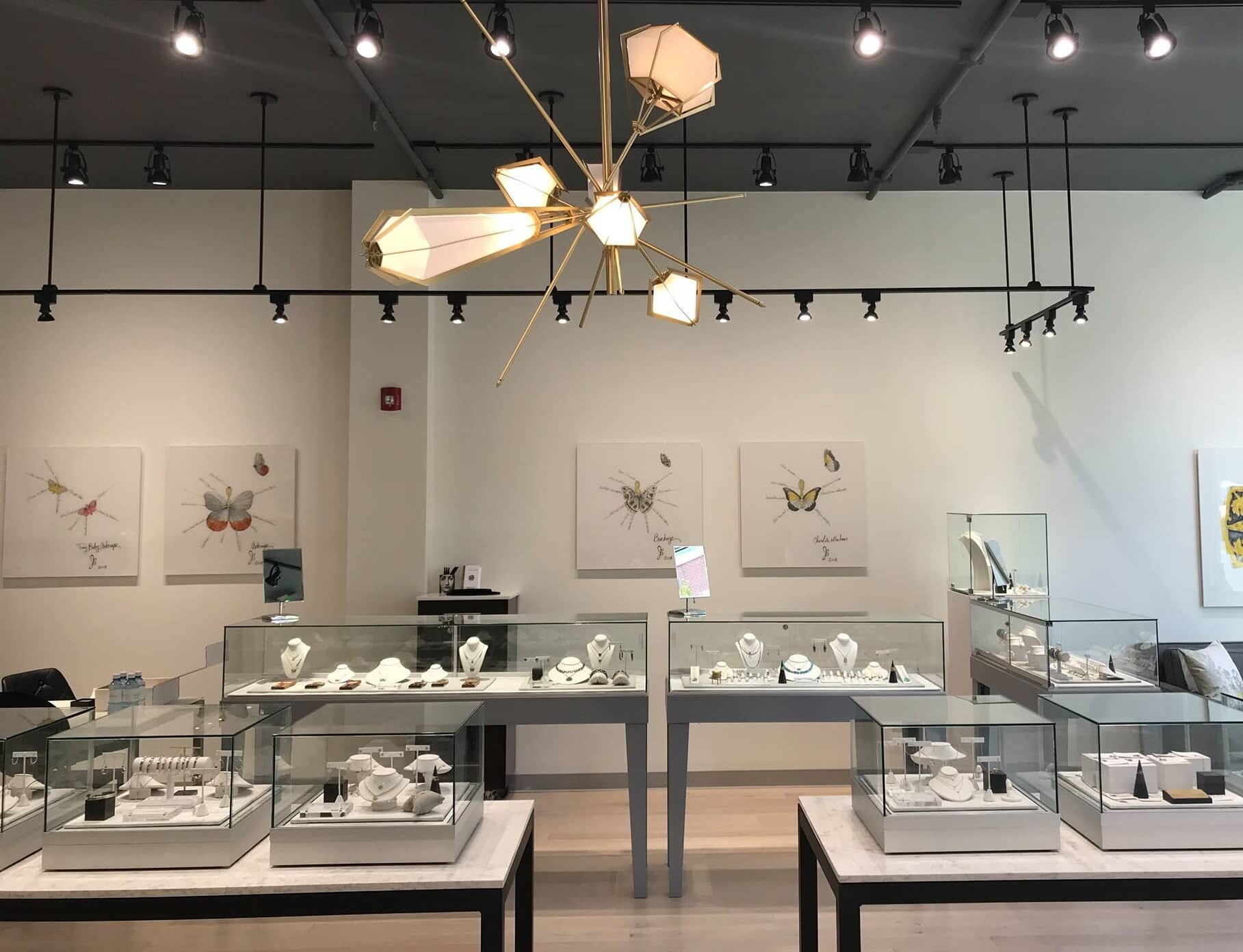 Minimalist jewelry gallery with 3 display cases and a unique chandelier