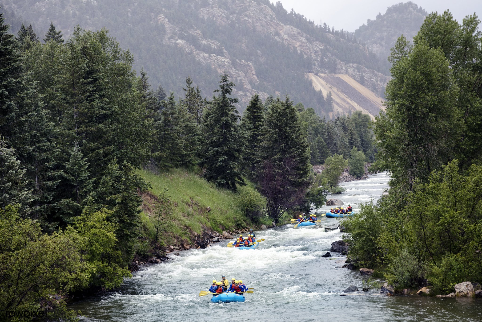 Flowing Clear Creek river with tall trees and green grass on either side. Several whitewater rafts filled with people floating down the river.