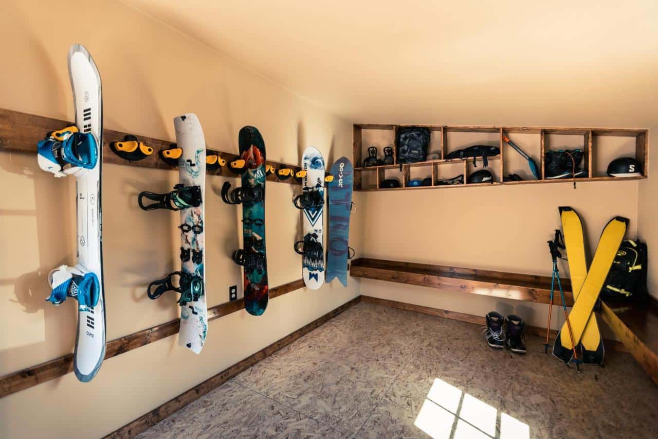 Ski and snowboard storage room at The Bivvi Hostel, Telluride, Colorado