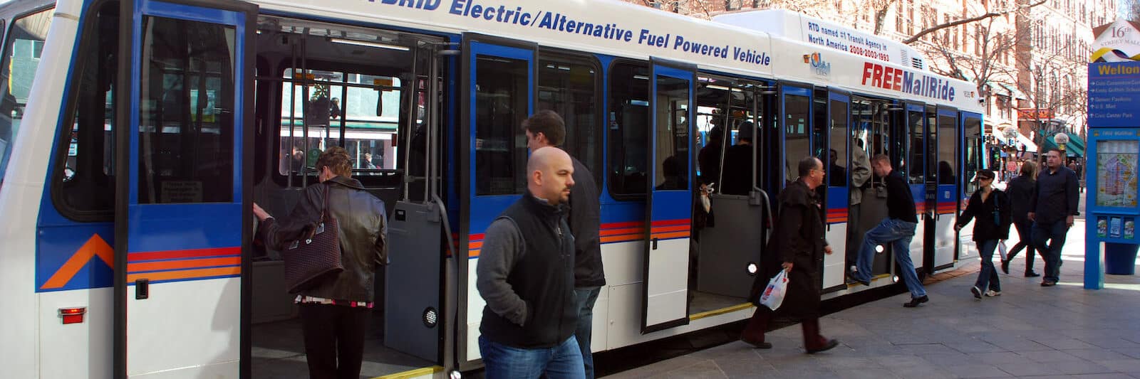 People depart from the Colorado Bus Ride on 16th Street Mall