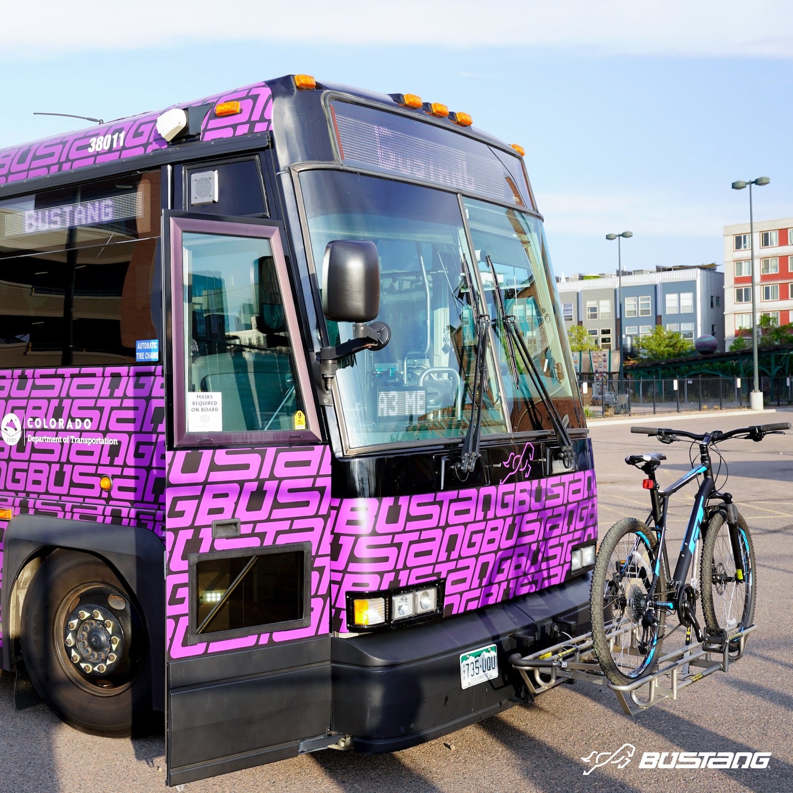 bike rack on the front of a Bustang Bus Colorado