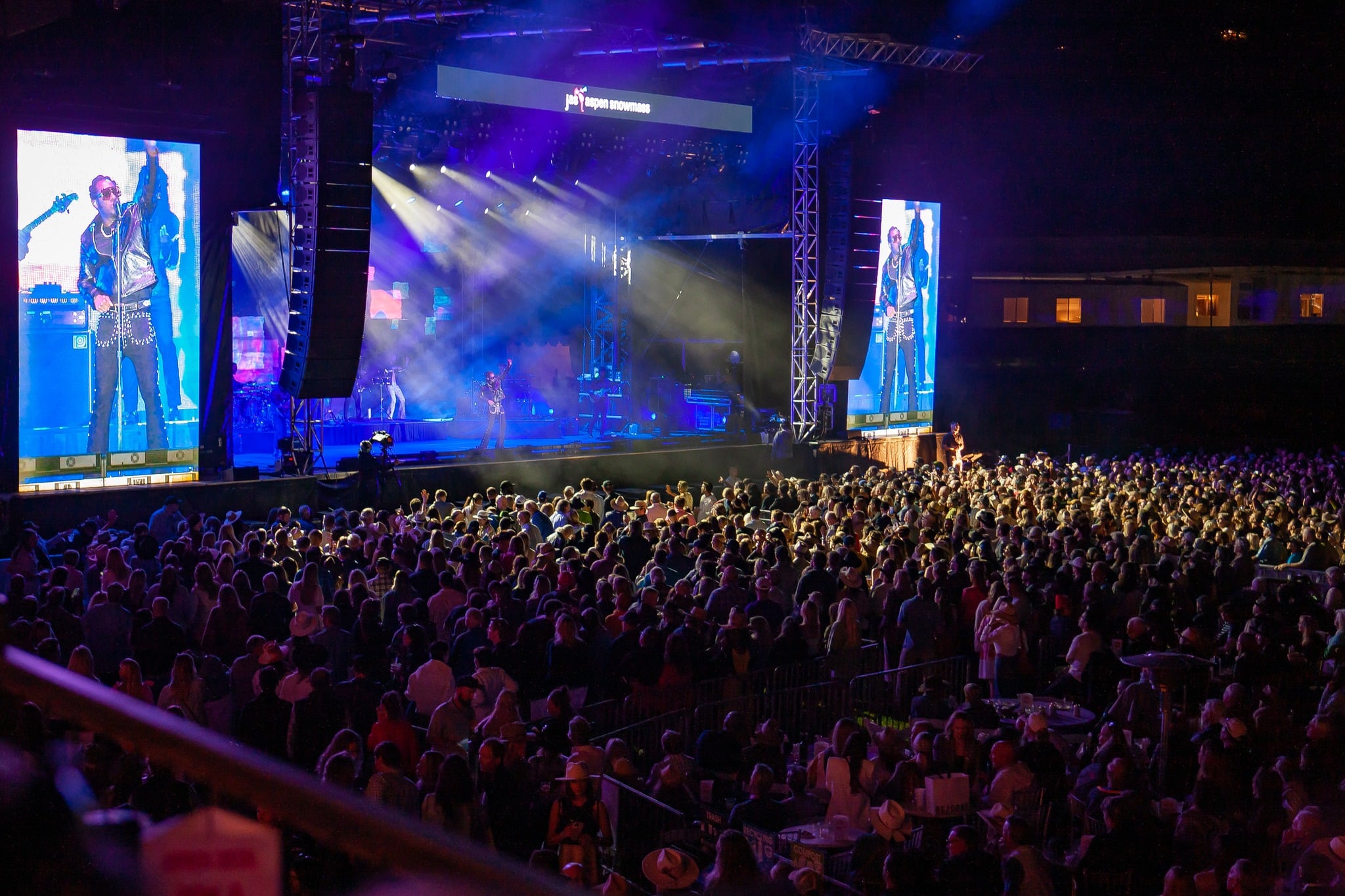 Performer on stage in front of huge crowd at music festival